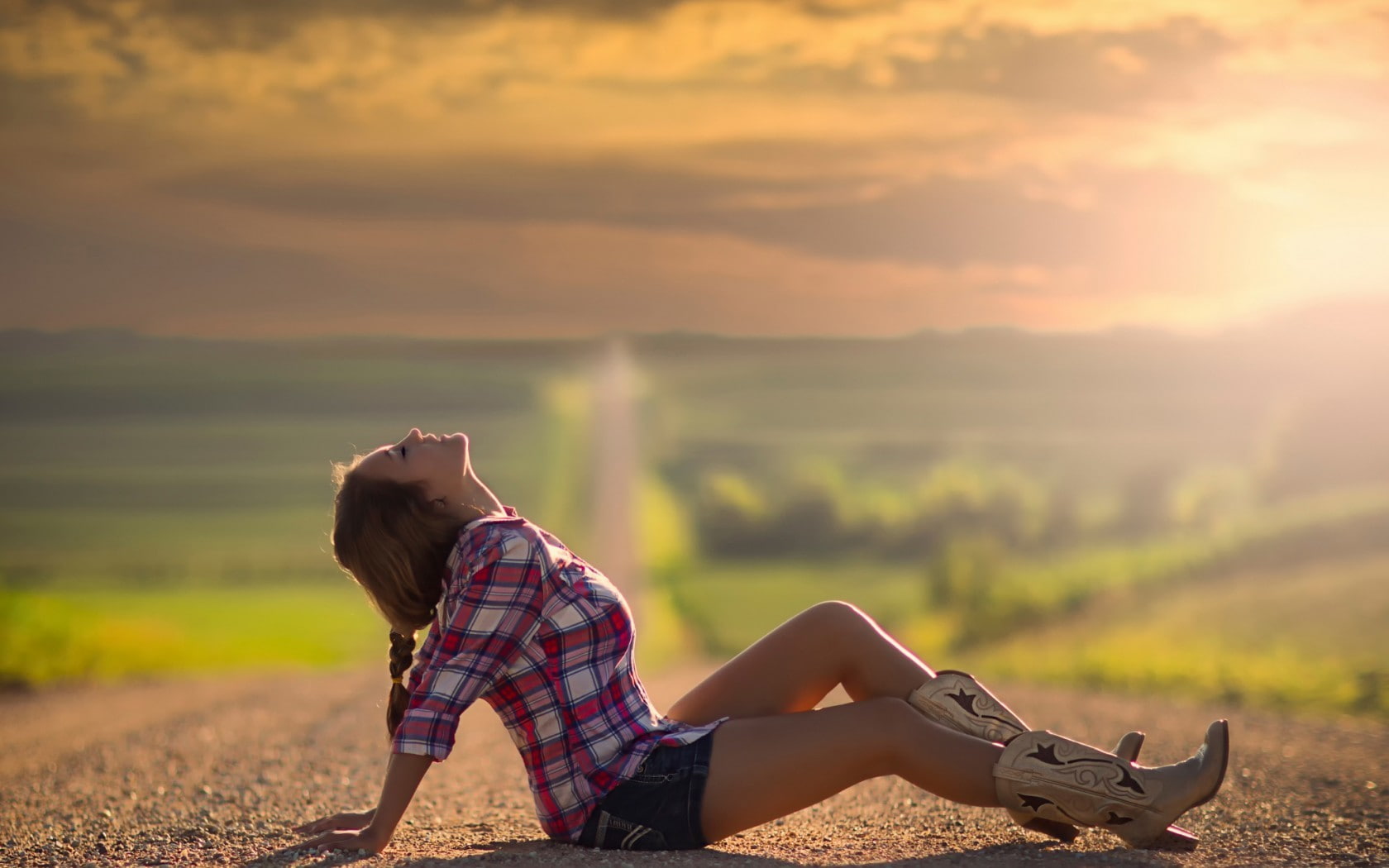 depth of field, ponytail, Jake Olson, model, women, boots, road, sitting, plaid, plaid shirt, 720P, HD Wallpaper