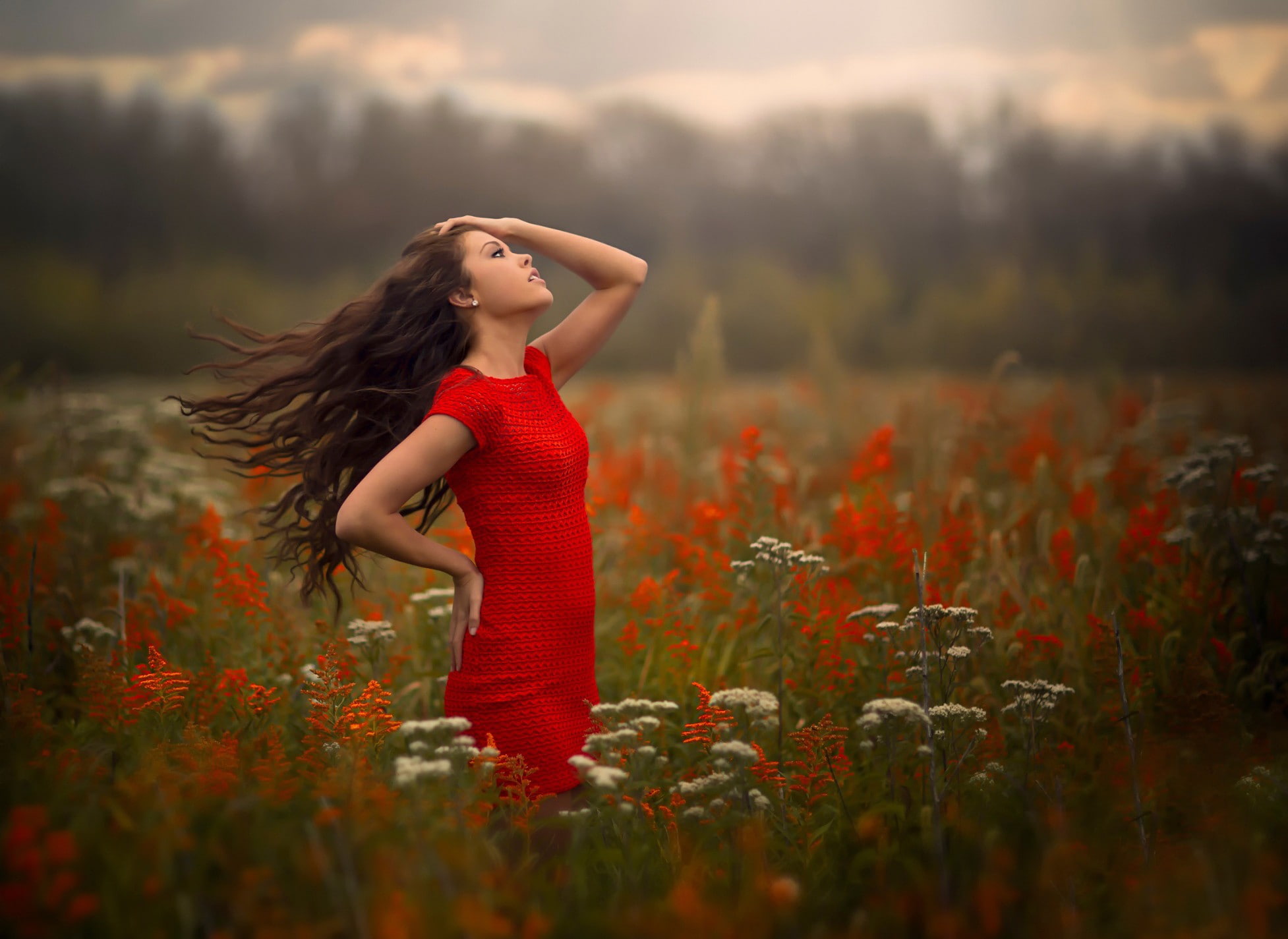 women, windy, tanned, 1080P, red dress, nature, brunette, Jake Olson, women outdoors, HD Wallpaper