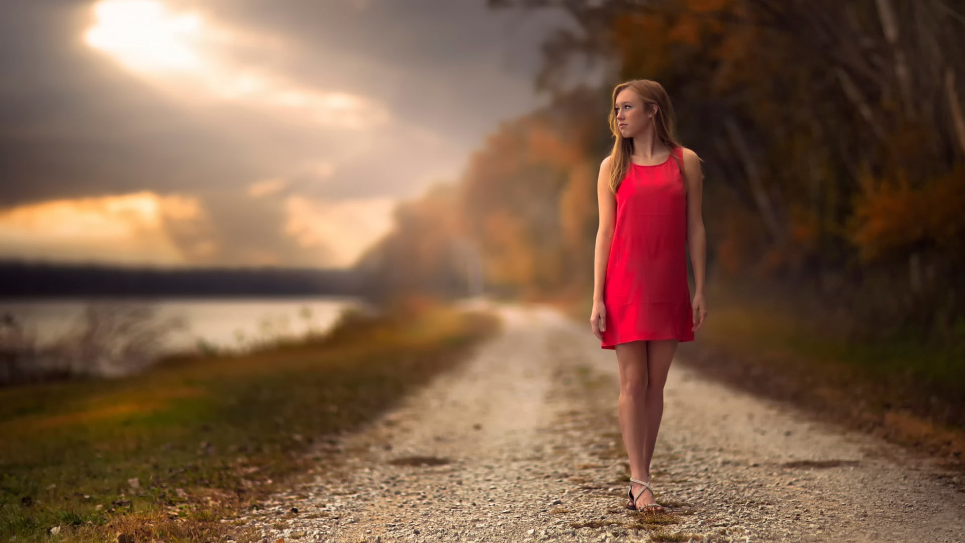 women, grass, sunlight, clouds, long hair, brunette, depth of field, model, forest, nature, 1080P, legs, minidress, red dress, Jake Olson, path, looking away, HD Wallpaper