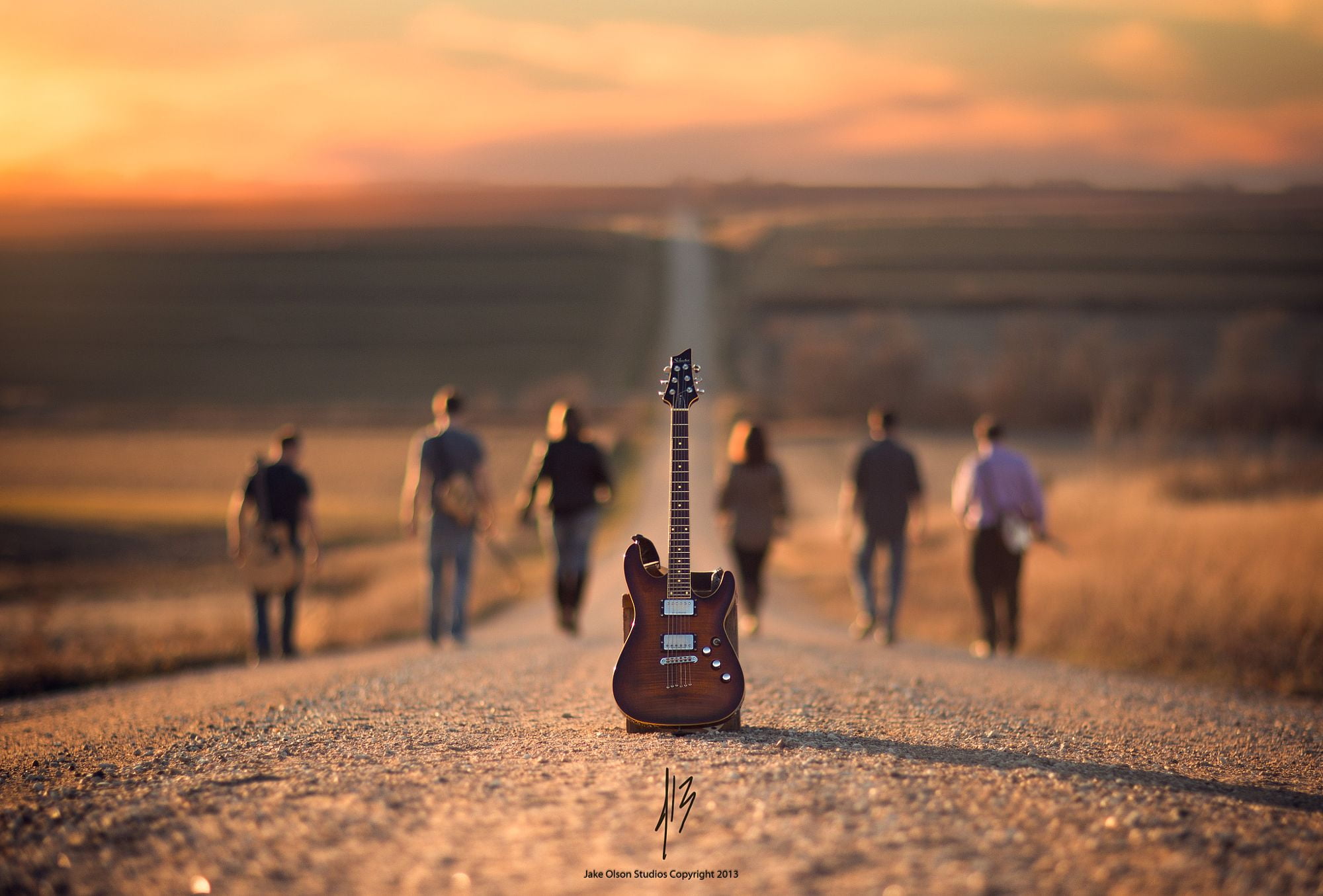 sunset, depth of field, band, road, guitar, men, Jake Olson, 1080P, HD Wallpaper