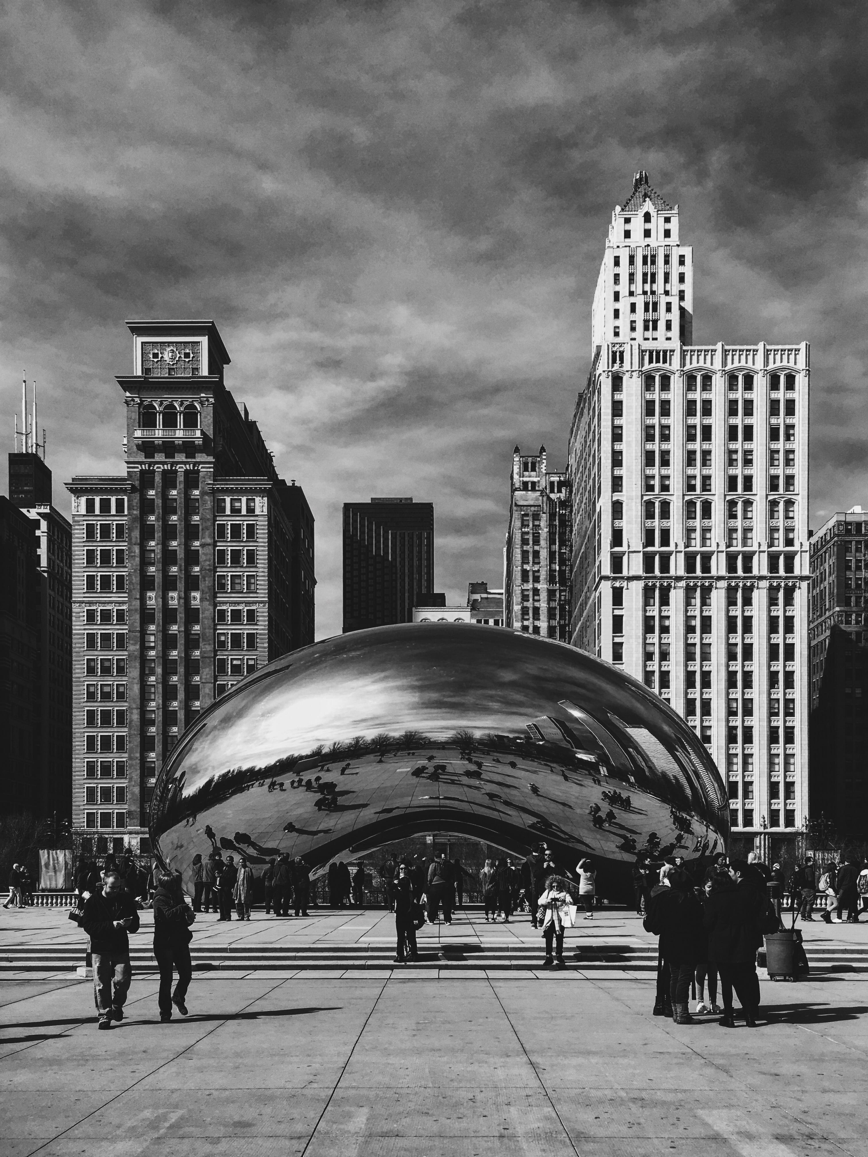 street, nature, men, chrome, bw, building, united states, real people, skyscraper, city life, mode of transportation, building exterior, the bean, sky, Phone HD Wallpaper