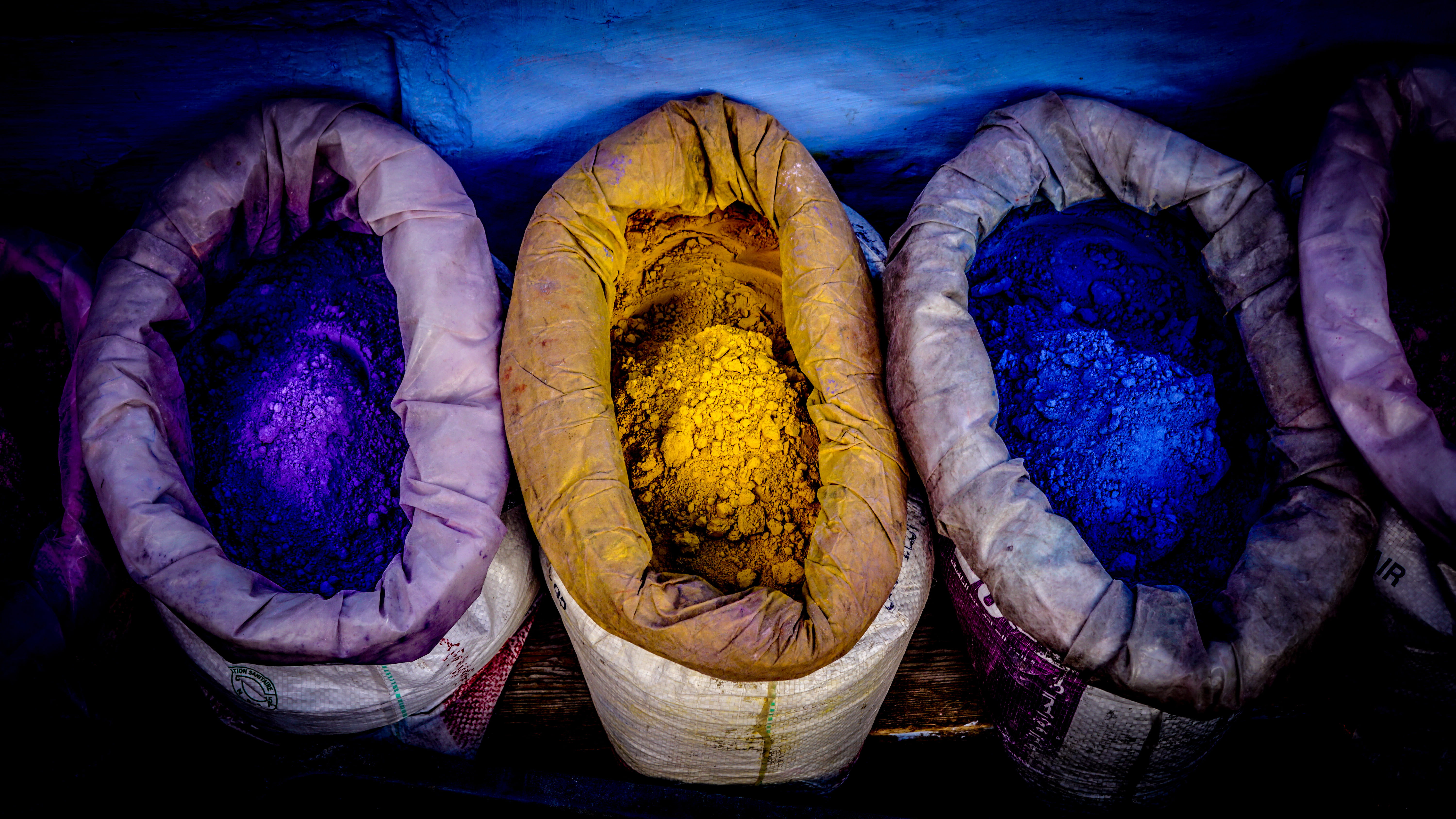 yellow, multi colored, three, color, sacks, food, filled, paint, high angle view, vegetable, container, morocco, variation, purple, chefchauen, close-up, HD Wallpaper