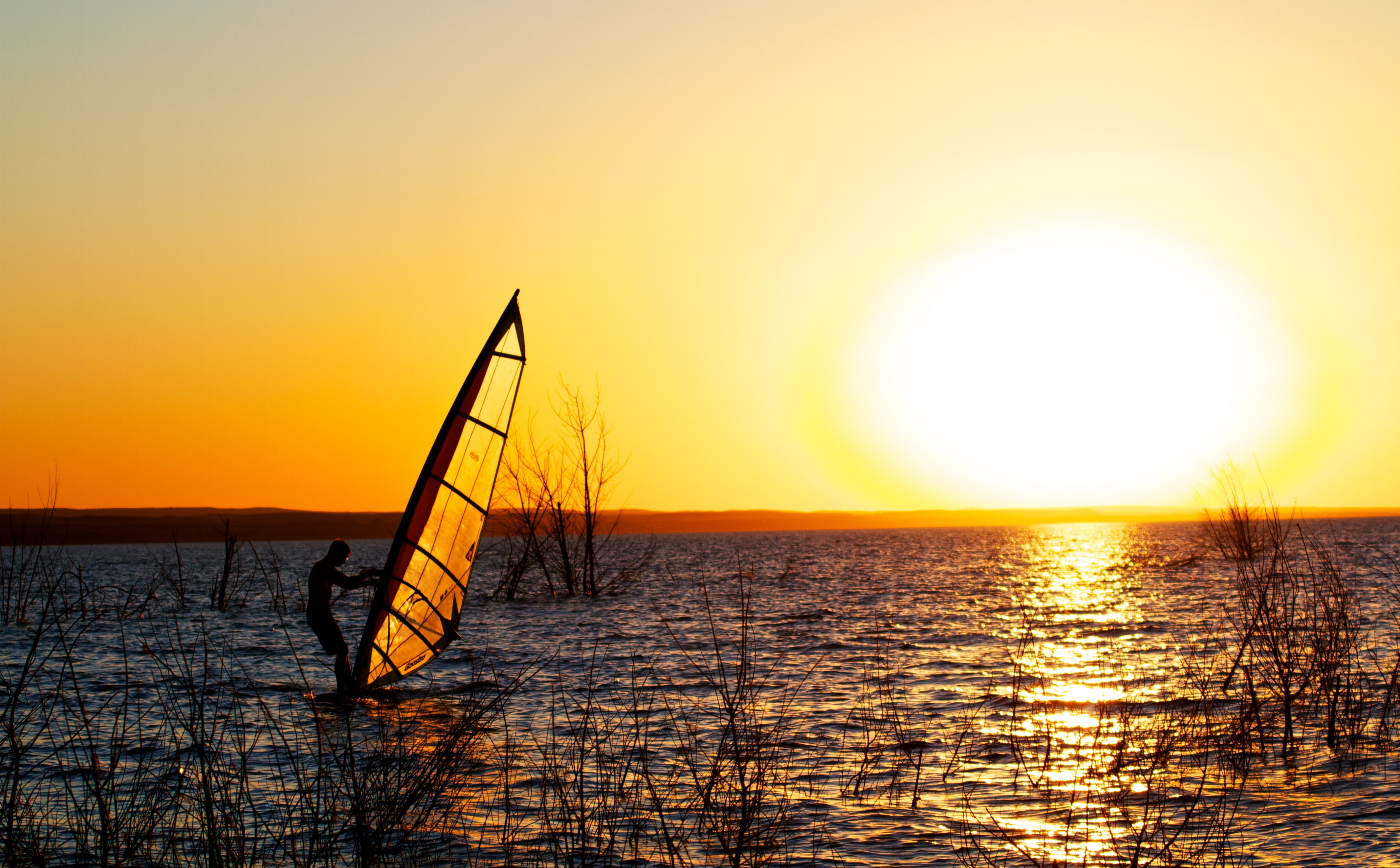 Sepia, Sunset, sunlight, horizon over water, nature, no people, sea, Windsurfing, outdoors, tranquility, beauty in nature, sail, water, scenics - nature, HD Wallpaper