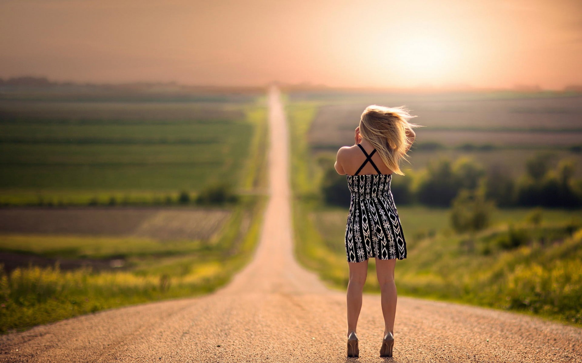 rural scene, freedom, nature, land, hair, sunset, hairstyle, Jake Olson, natural light, casual clothing, plant, 1080P, blond hair, one person, road, full length, HD Wallpaper