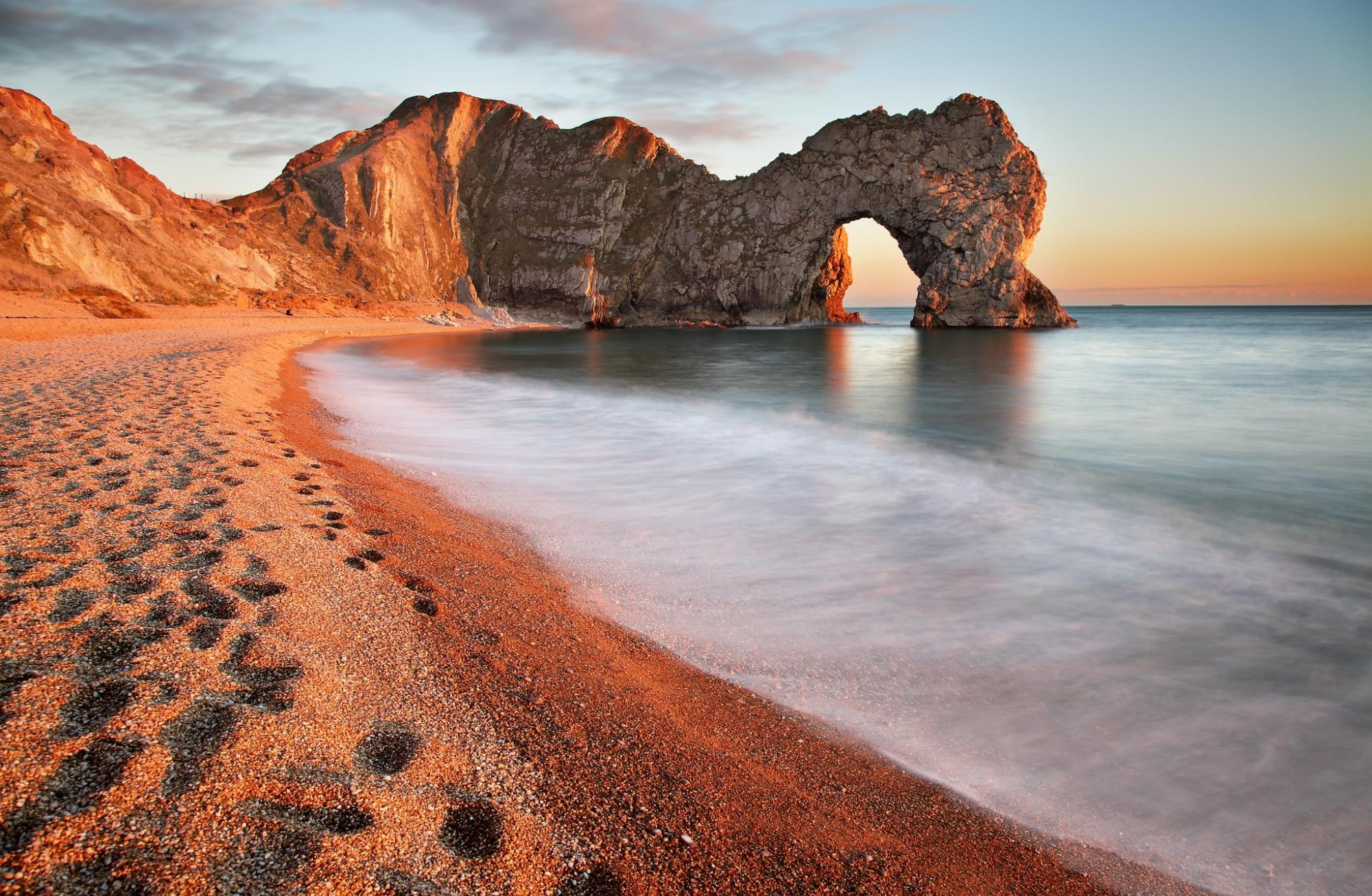 sea, 1080P, tranquil scene, beach, rock - object, Seascape, United Kingdom, rock formation, door, durdle, Nature, England, sunset, tranquility, natural arch, HD Wallpaper