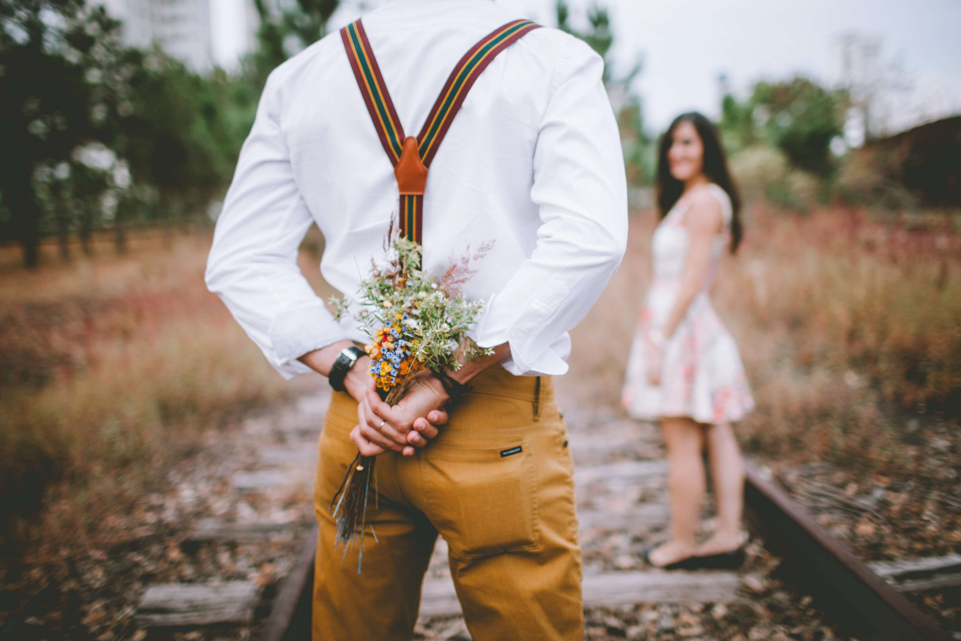 plant, women, real people, flower, adult, girl, casual clothing, marriage proposal, romantic, recreation, standing, date, young adult, landscape, blur, HD Wallpaper
