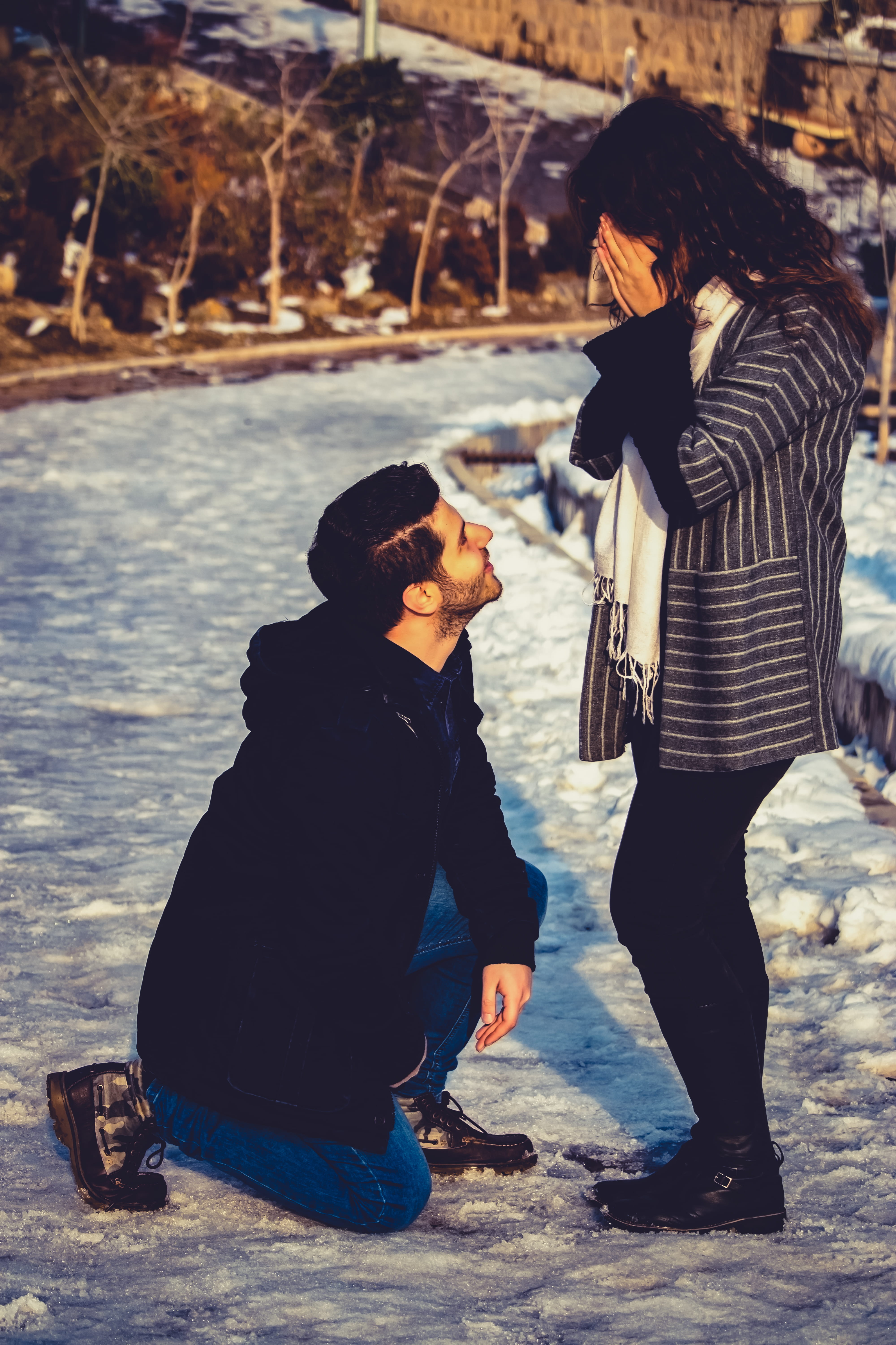 day, side view, girlfriend, snow, daytime, young adult, outdoors, women, positive emotion, bonding, front, girl, kneeling, lovers, people, two people, couple, Phone HD Wallpaper