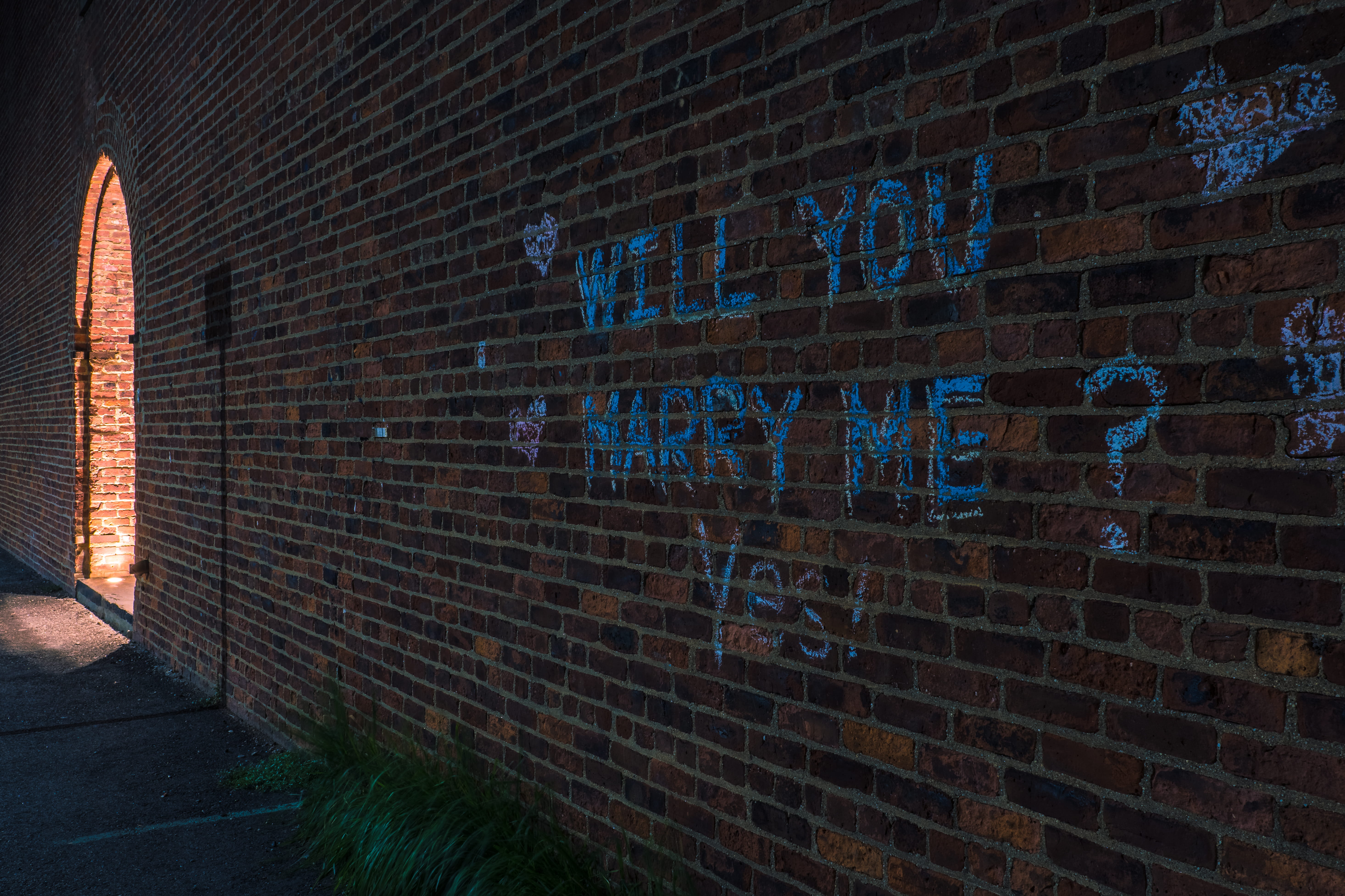 building exterior, graffiti, brick, architecture, illuminated, brick wall, wall, sign, creativity, night, nyc, no people, marriage, western script, message, HD Wallpaper