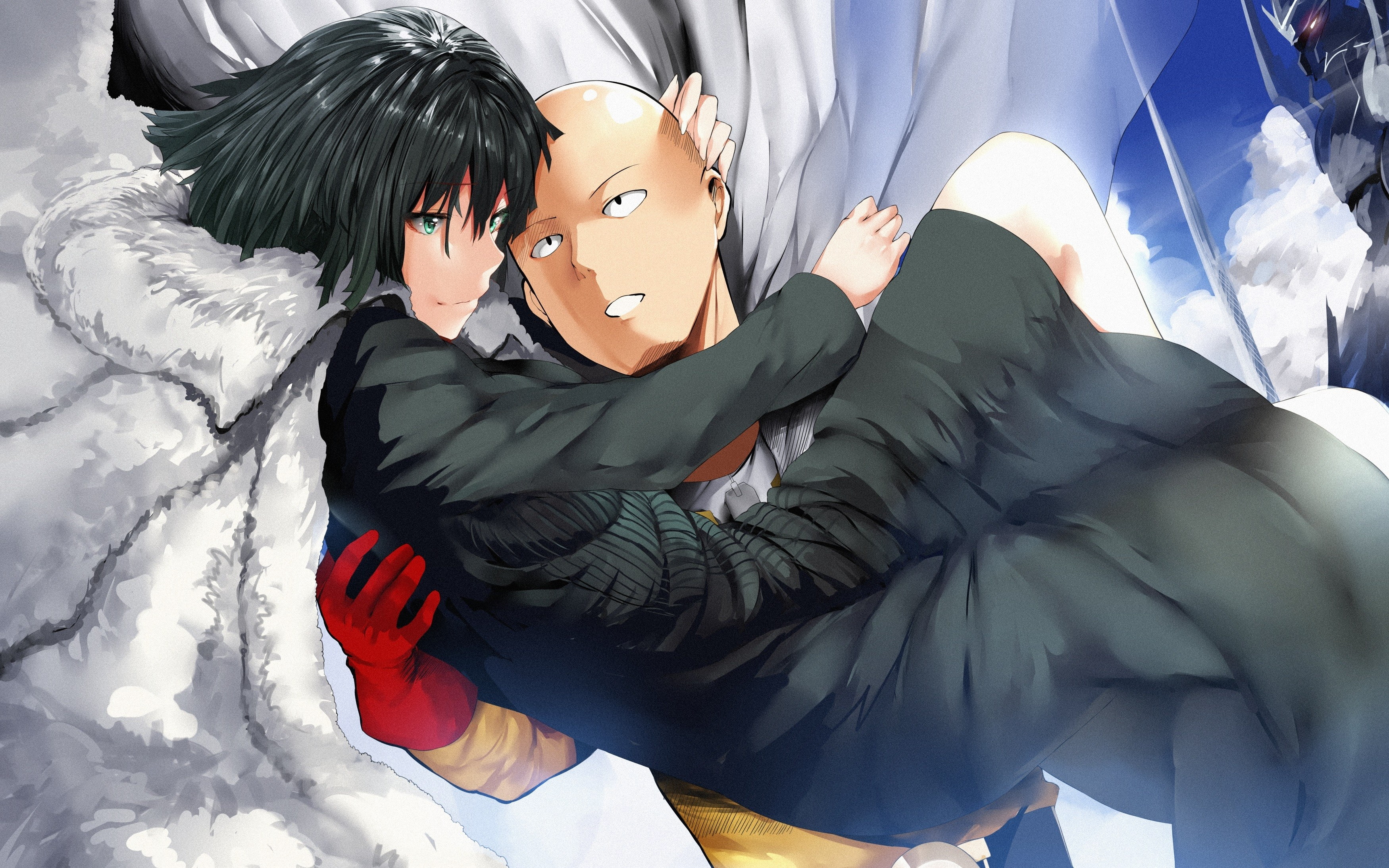 Fubuki, One-Punch Man, Saitama, cape, 2K, anime, clouds, HD Wallpaper