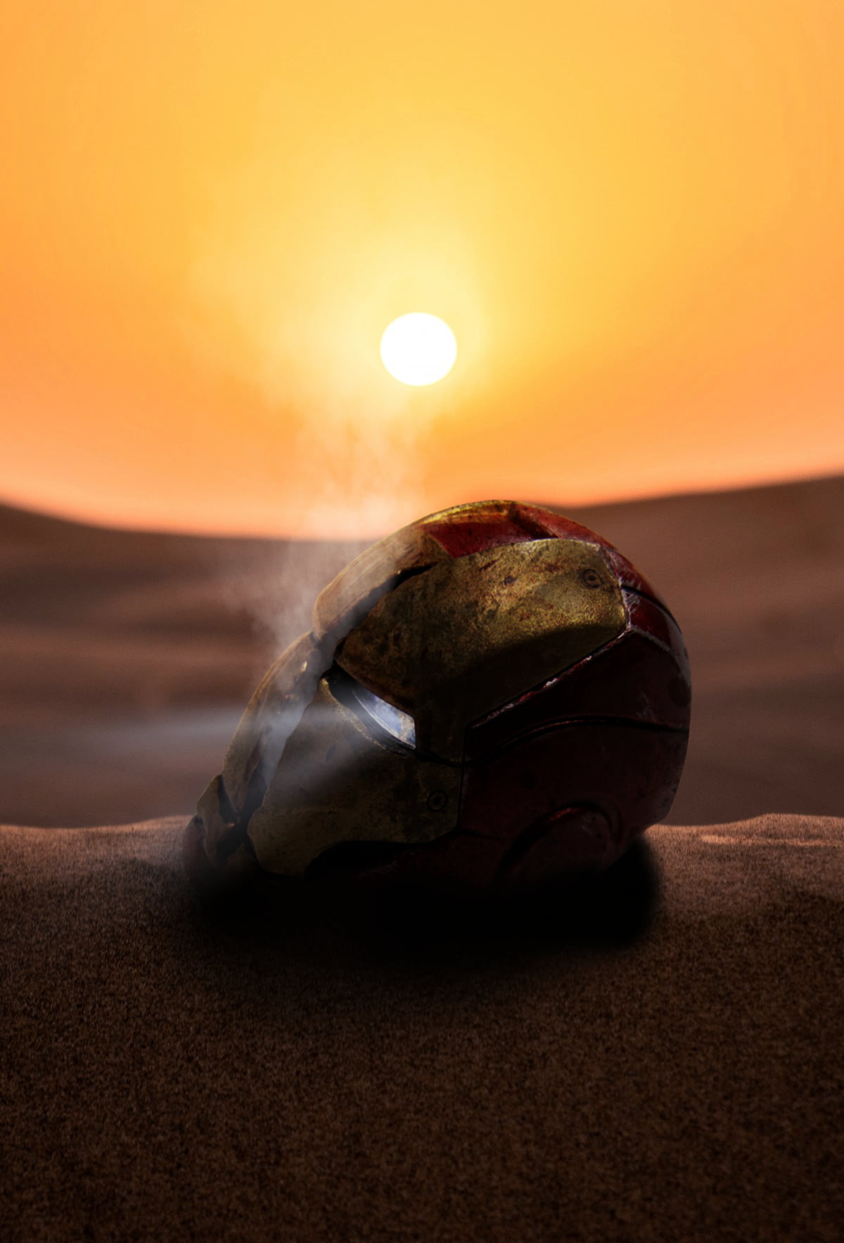 sunset, Tony Stark, 720P, Iron Man, Marvel Cinematic Universe, desert, smoke, Avengers Endgame, Phone HD Wallpaper