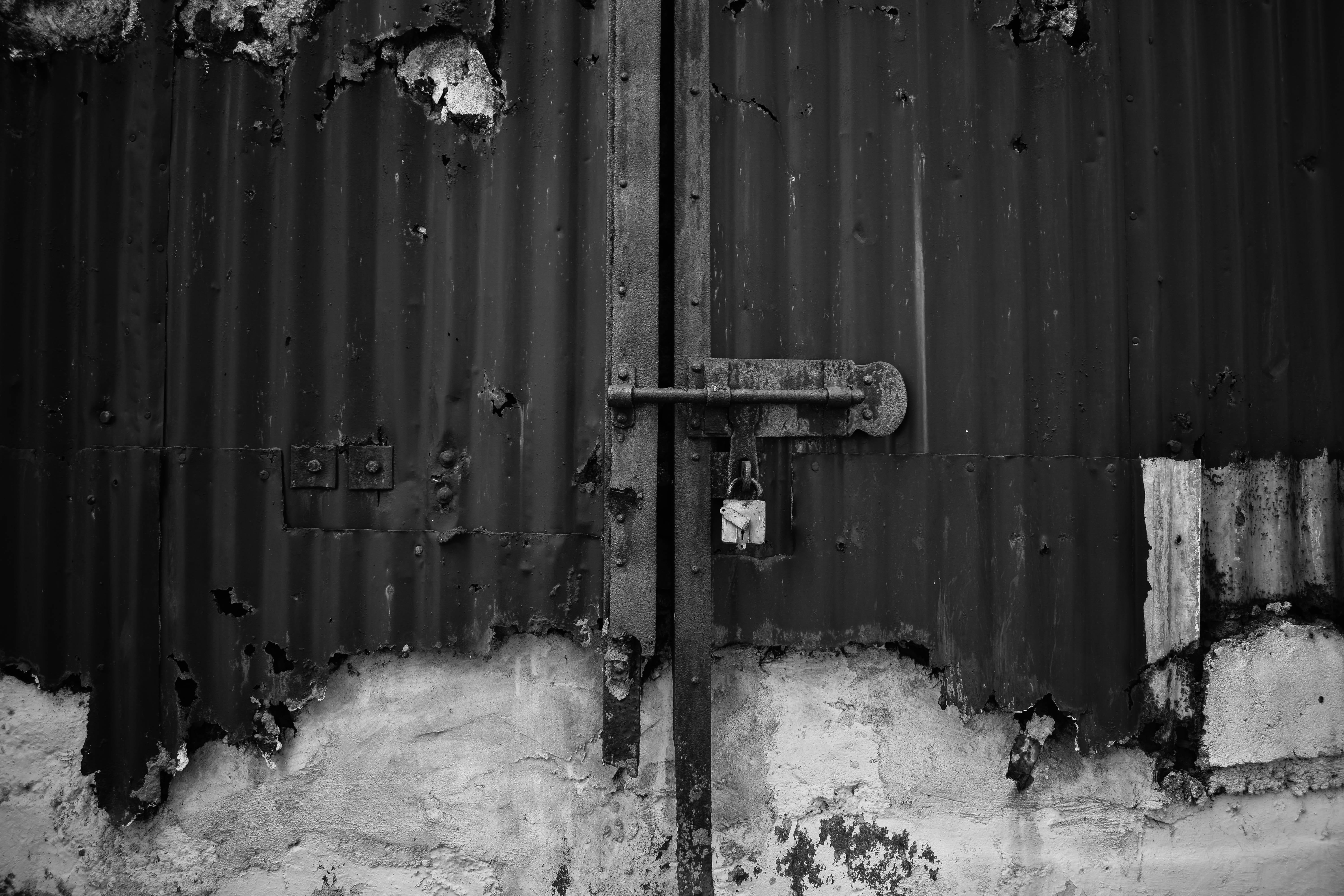 human, latch, shipping container, monochrome, protection, door, person, metal, rustic, old, rust, iron, no people, outdoors, security, entrance, black and white, HD Wallpaper