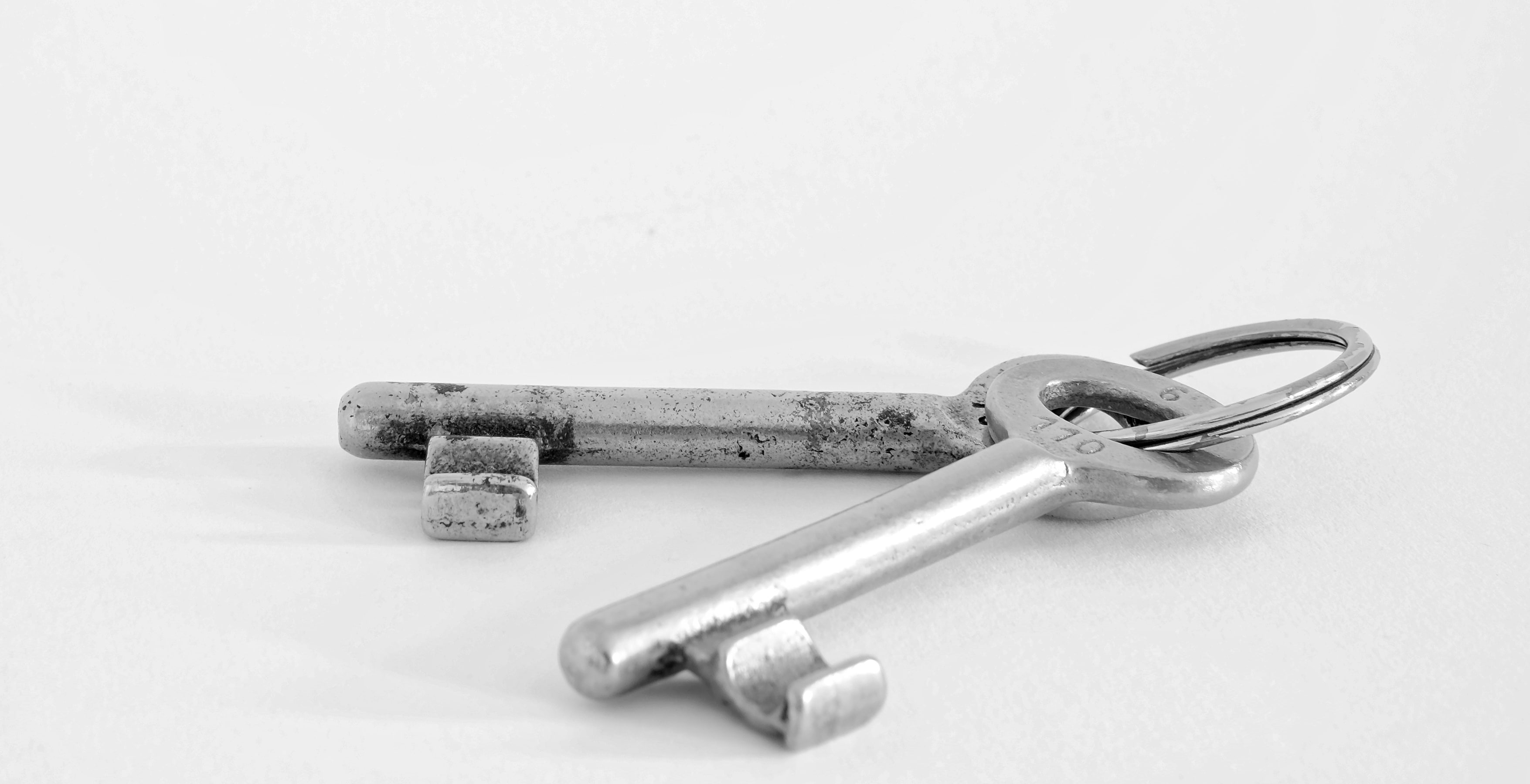 copy space, high angle view, macro, equipment, indoors, silver colored, steel, 2K, keys, still life, white background, lock, close-up, work tool, table, HD Wallpaper