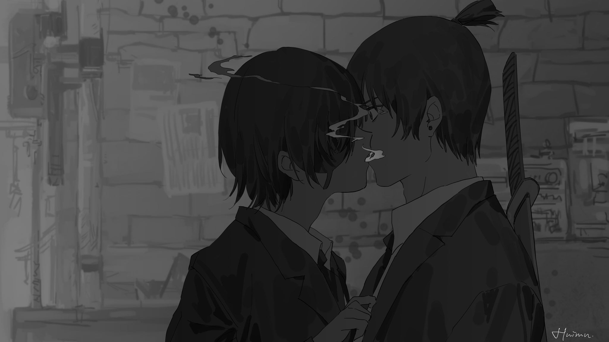 eyepatches, sword, kissing, smoke, cigarettes, 1080P, tie, lighter, Chainsaw Man, HD Wallpaper