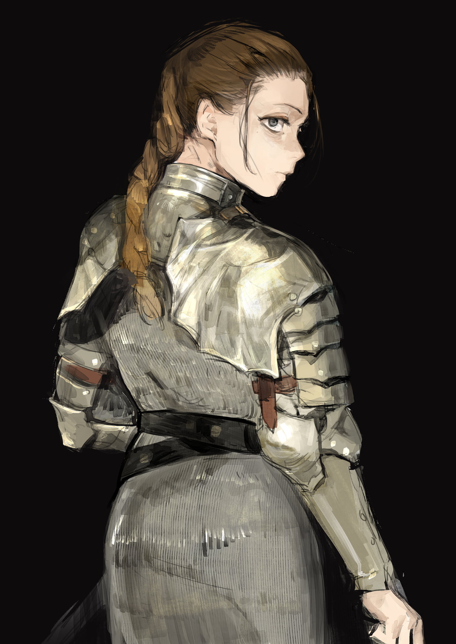 anime girls, original characters, looking back, anime, simple background, 1080P, Hirannko, Armored, Phone HD Wallpaper