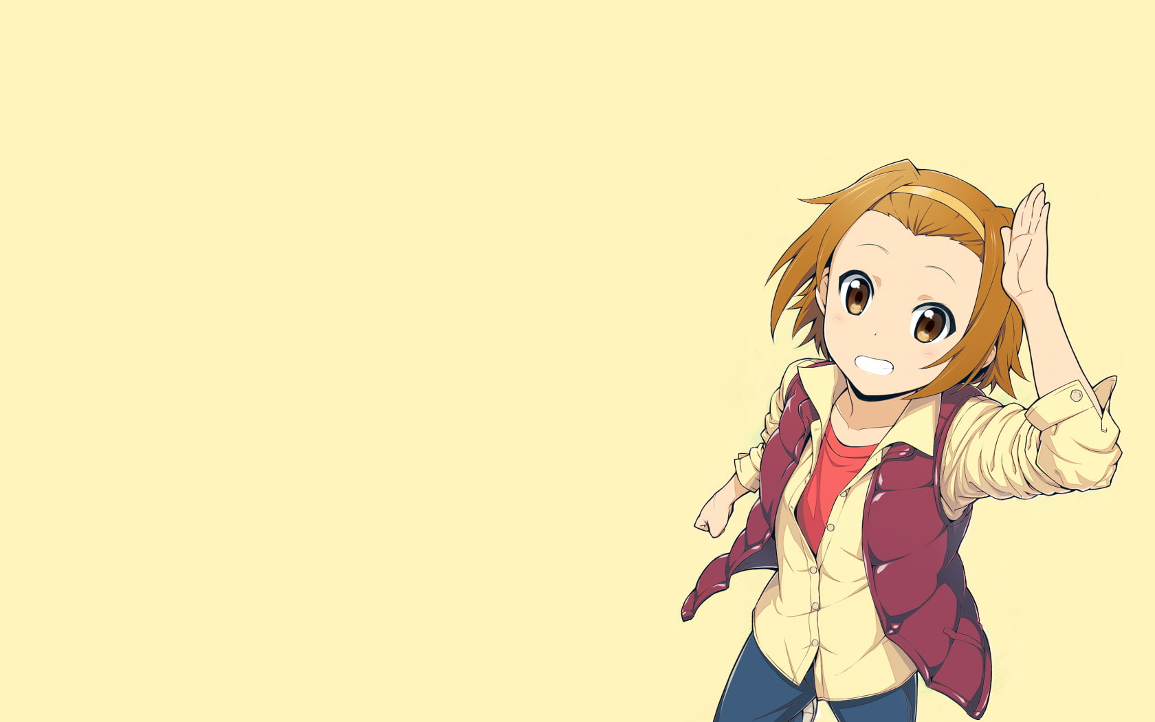 sky, Tainaka Ritsu, females, girls, simple background, child, cut out, childhood, copy space, standing, yellow, anime girls, emotion, representation, one person, HD Wallpaper