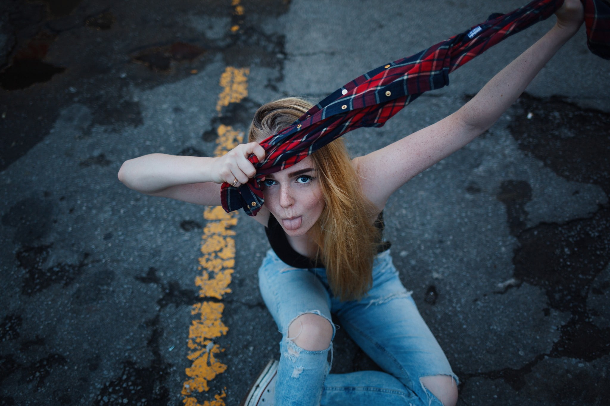 arms up, top view, jeans, 1080P, model, freckles, blue eyes, women, blonde, tongue out, HD Wallpaper