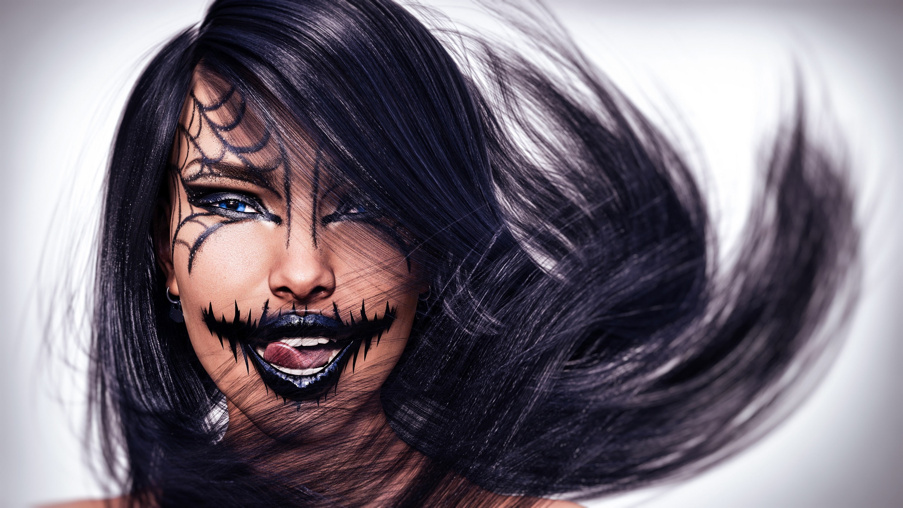 long hair, dark hair, Photoshop, artwork, makeup, 2K, women, tongue out, HD Wallpaper