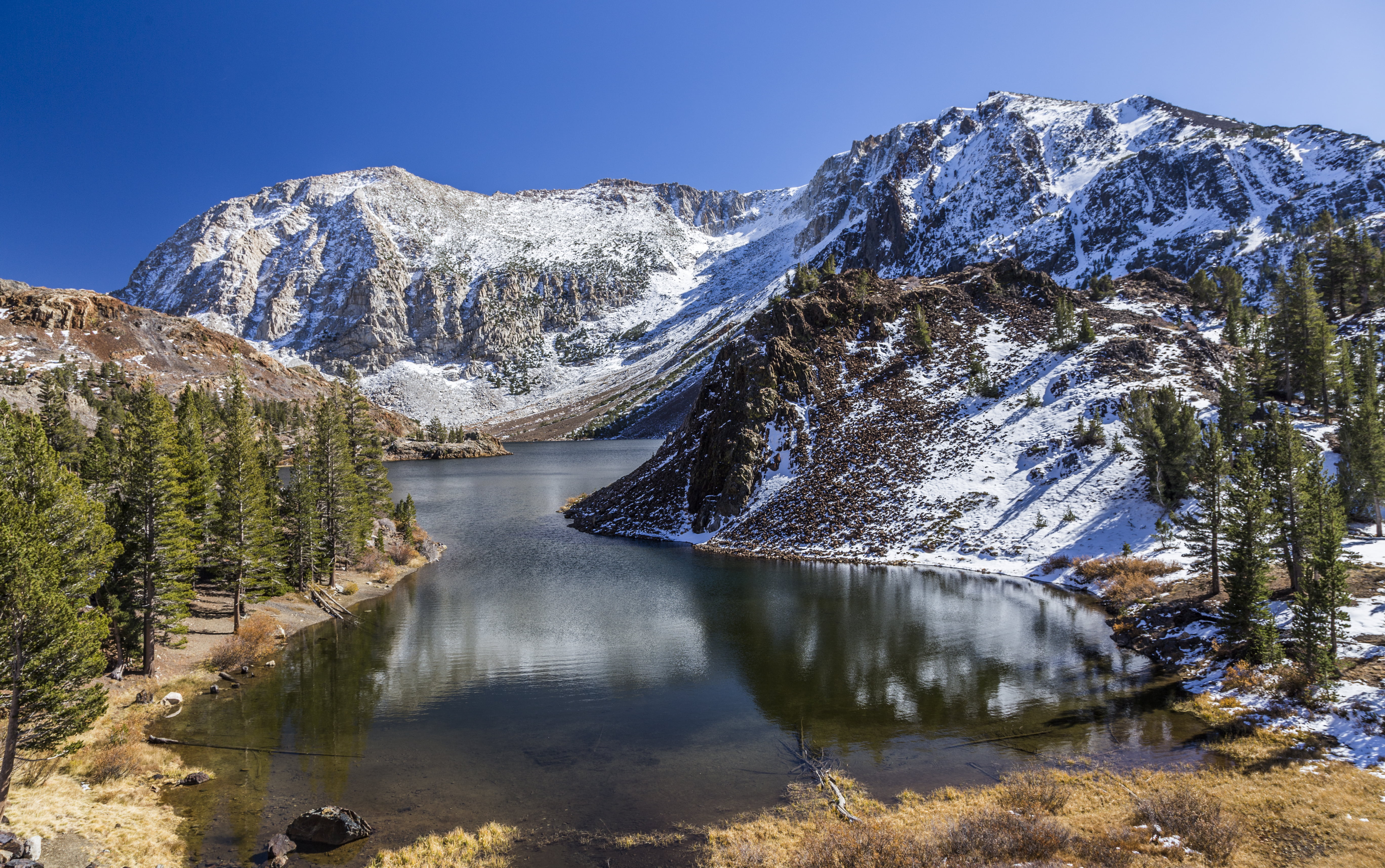 Lake, scenics, California  Eastern Sierra, United States, 5K, outdoors, Snow, surrounded, Afternoon, landscape, water, Lee Vining, nature, US, Explore, HD Wallpaper