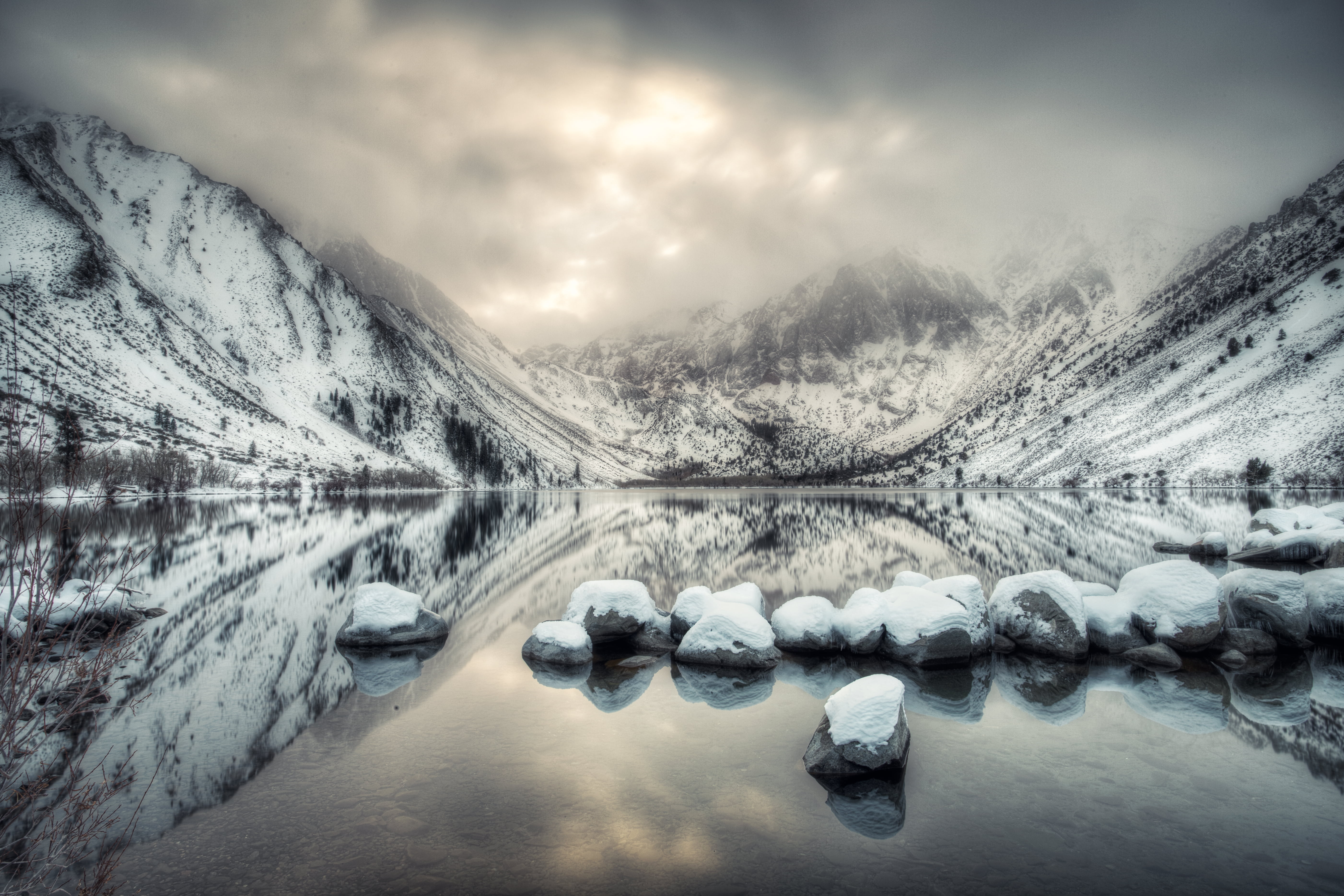 river, Reflection, Water  Ice, winter, snow, glacier, Eastern Sierra, Cold  Winter, scenics, Convict Lake, HDR, landscape photography, landscape, Range  Lake, HD Wallpaper