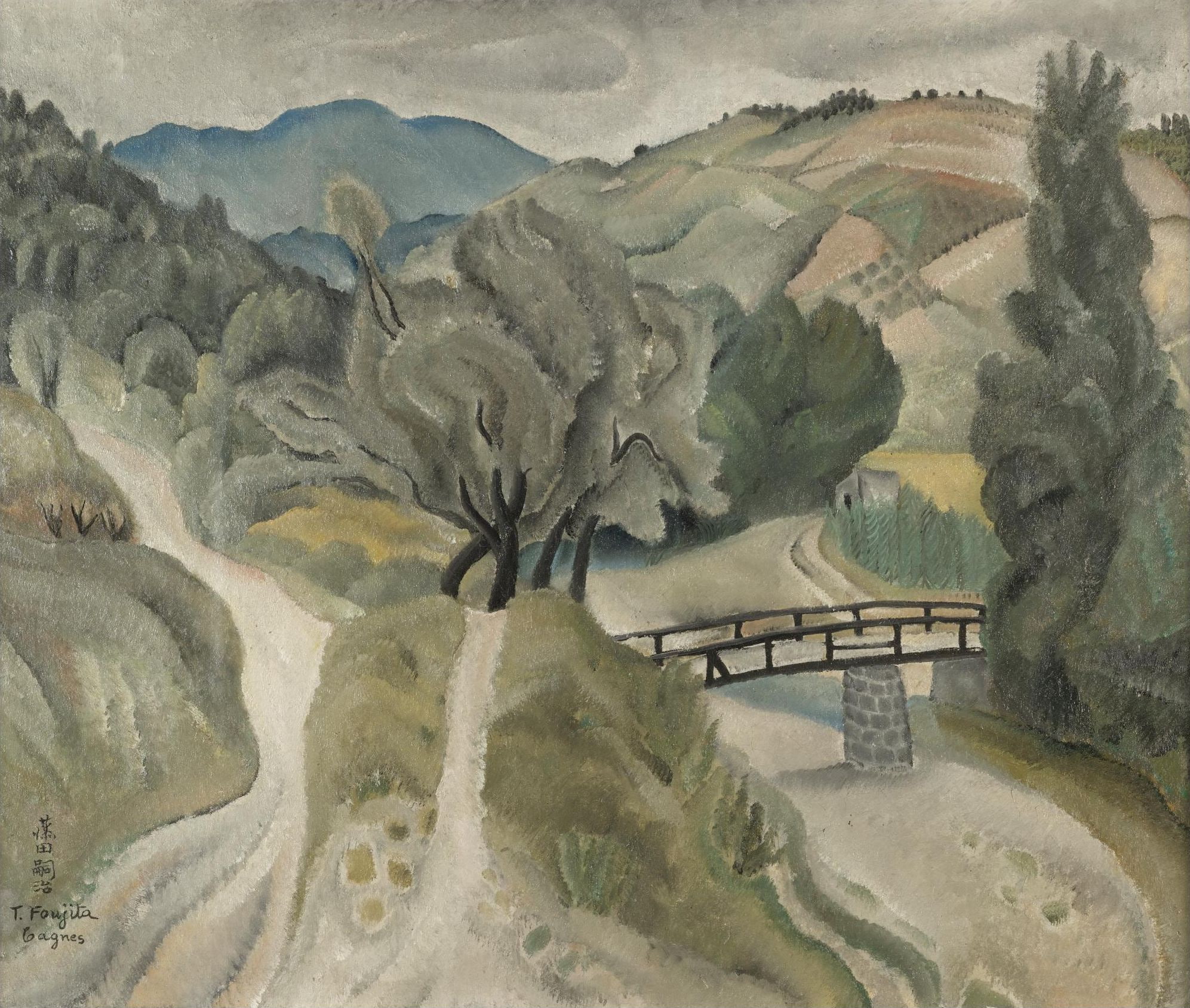 trails, Landscape, 1918, Fujita, 1080P, river, Tsuguharu, bridge, trees, hills, HD Wallpaper