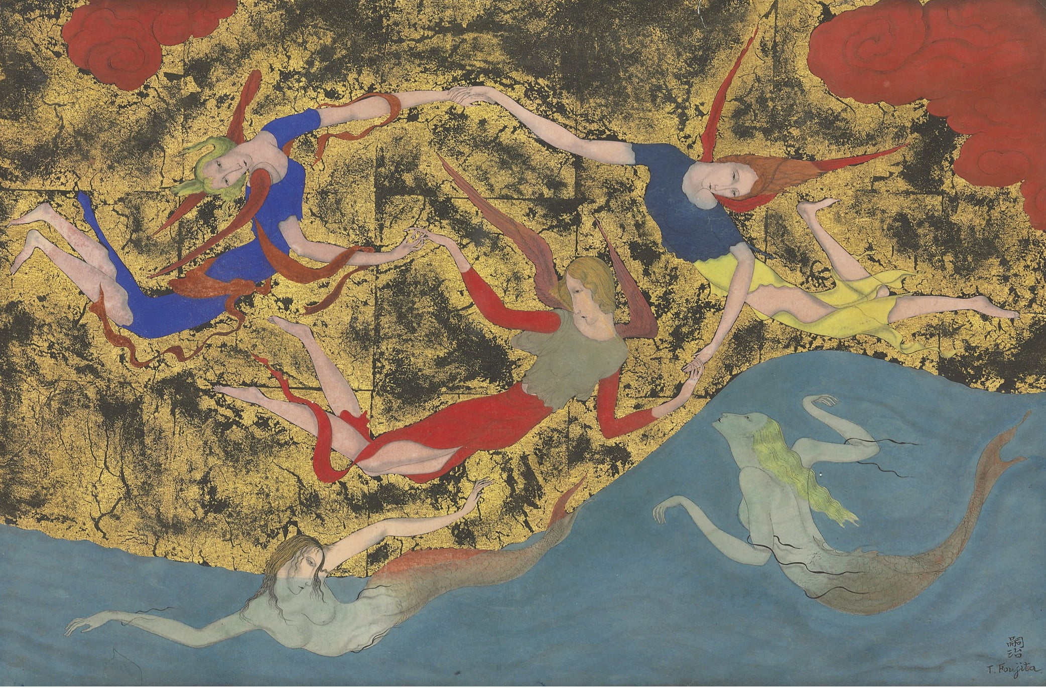 Angels and sirens, 1918, Tsuguharu Foujita, watercolor, 1080P, pen and black ink on Golden paper, HD Wallpaper