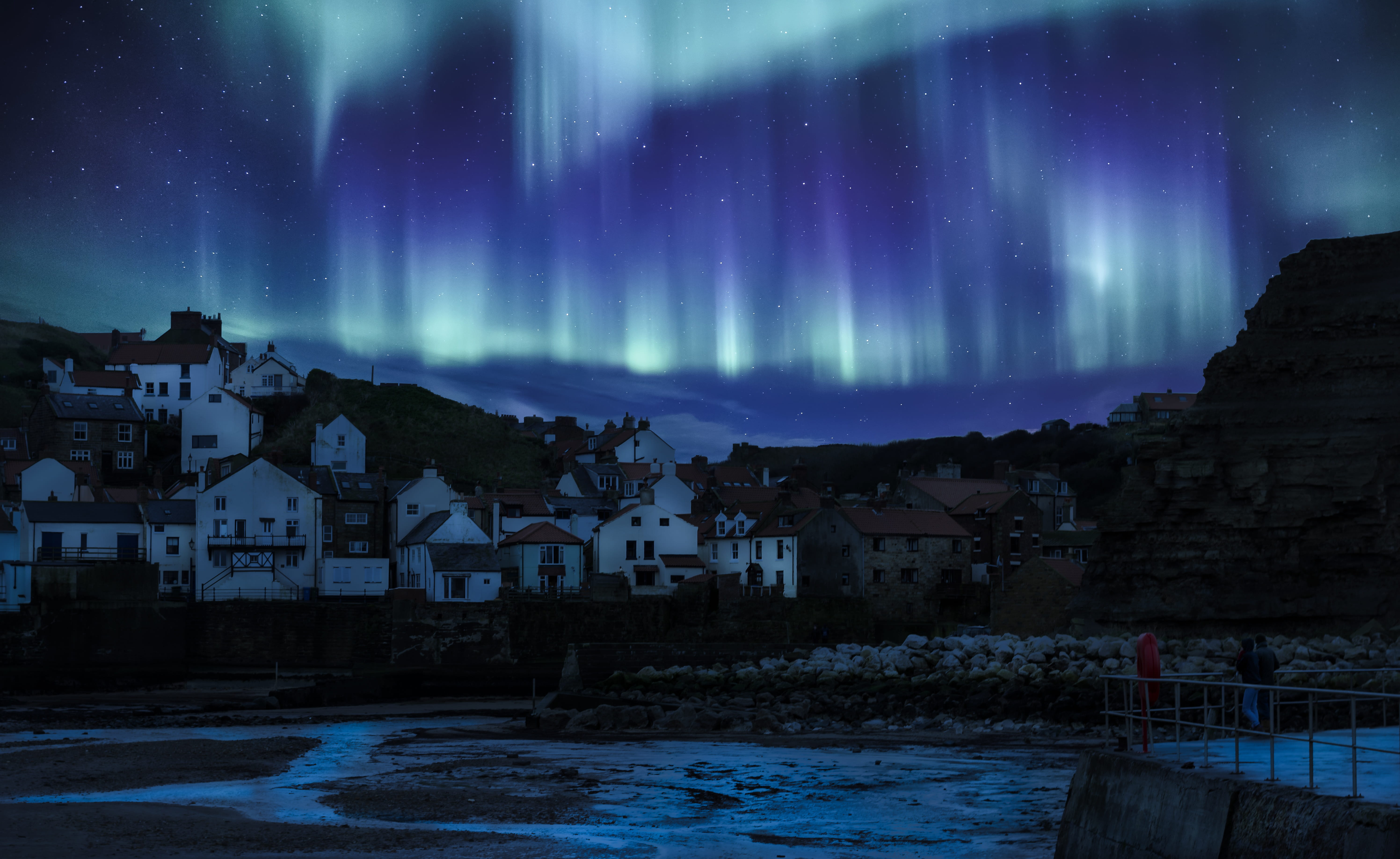 village, low tide, environment, architecture, lovers, nature, star - space, town, night, villlage, building exterior, city, staithes, northern lights, no people, HD Wallpaper
