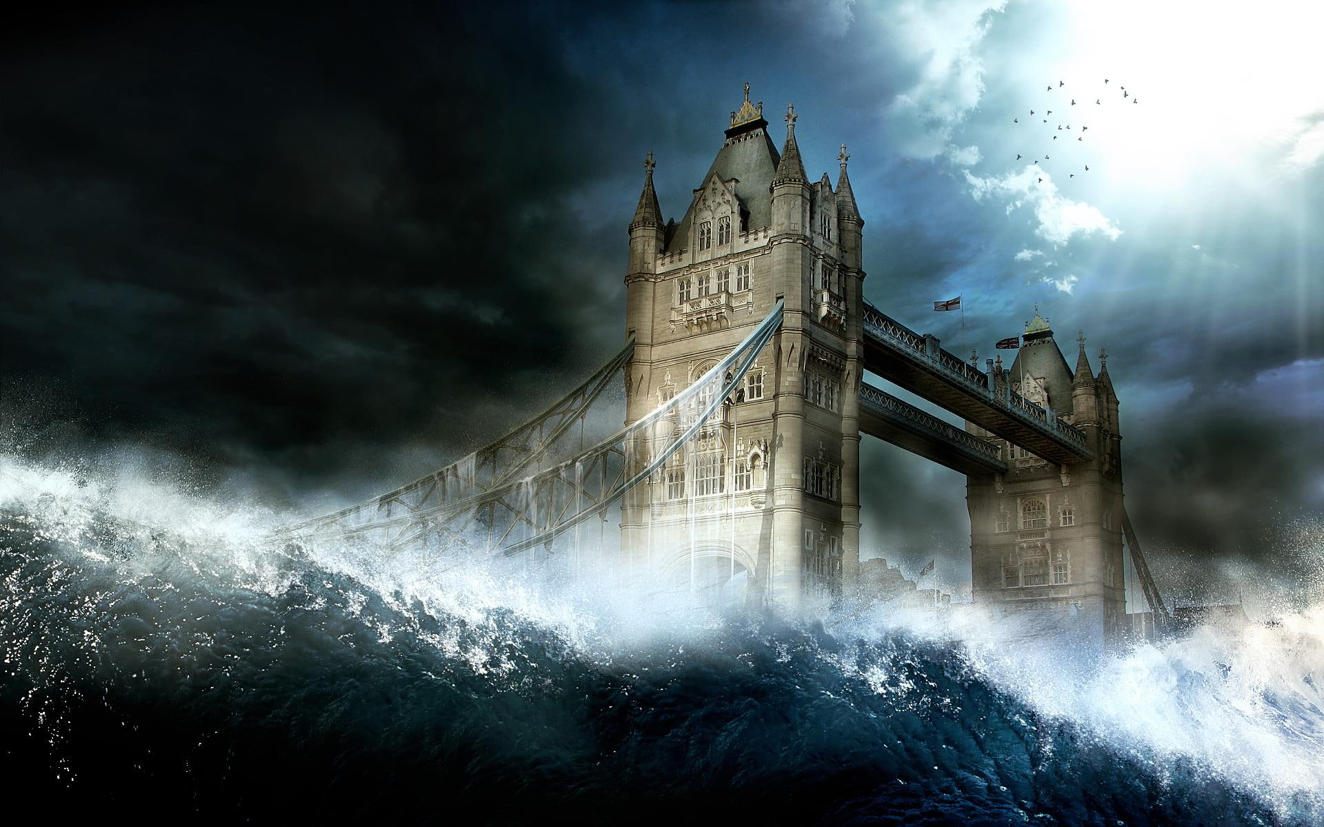 bridge, england, 1080P, water, animals, rain, engl, disaster, HD Wallpaper