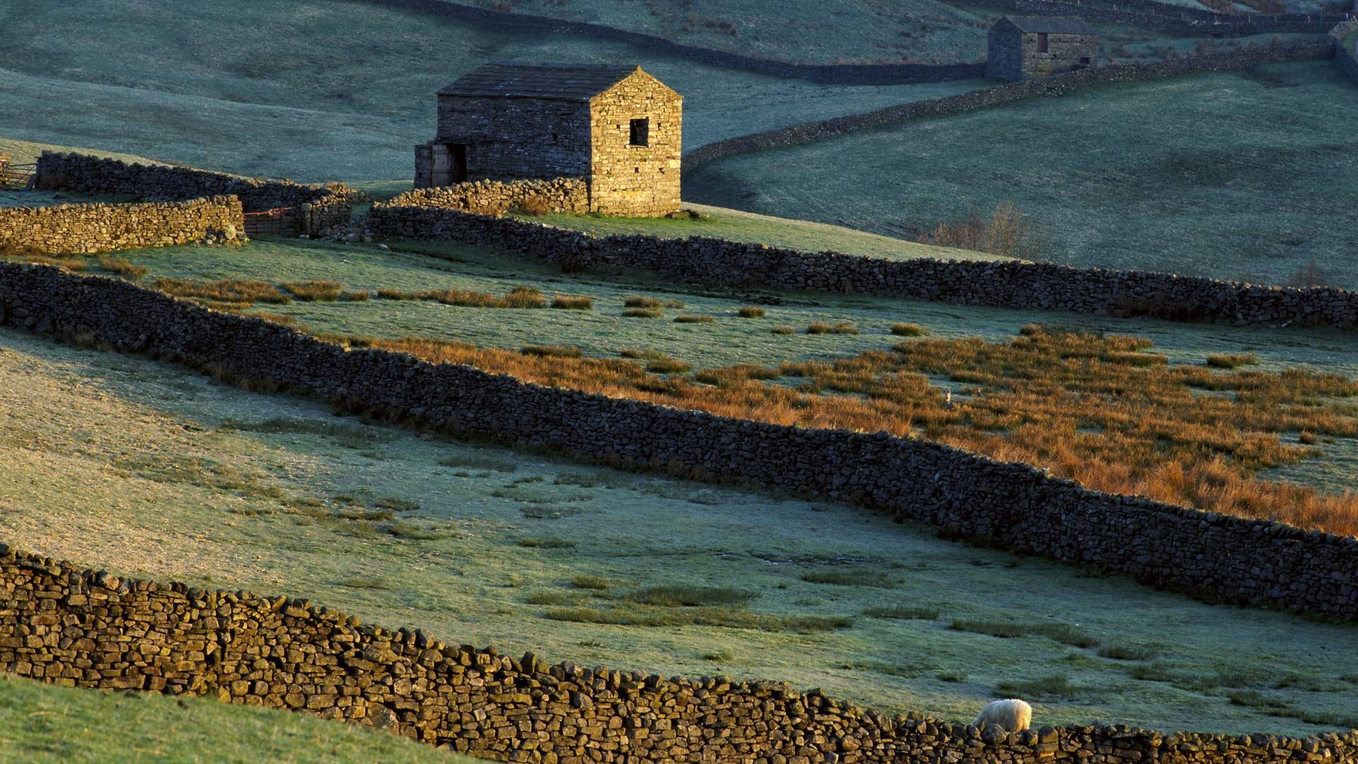 house, 1080P, cabin, brick, brown, nature and landscapes, walls, stone, engl, yorkshire, fields, HD Wallpaper