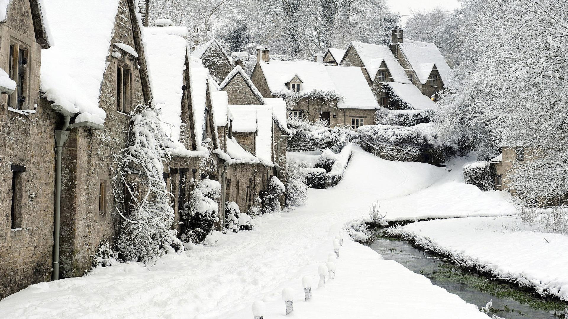 winter, england, 1080P, white, path, engl, cottage, house, animals, tree, snow, HD Wallpaper