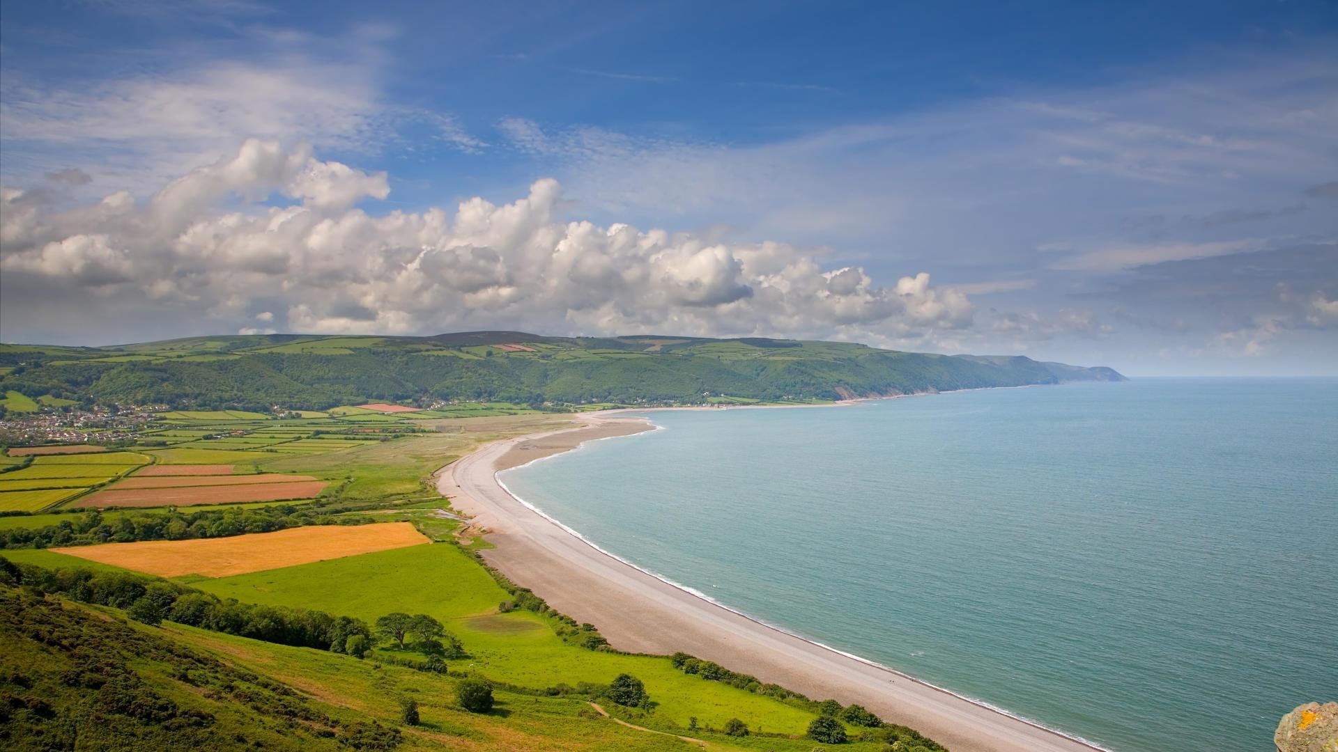 villages, beach, 1080P, engl, bossington, nature and landscapes, clouds, fields, clean, HD Wallpaper