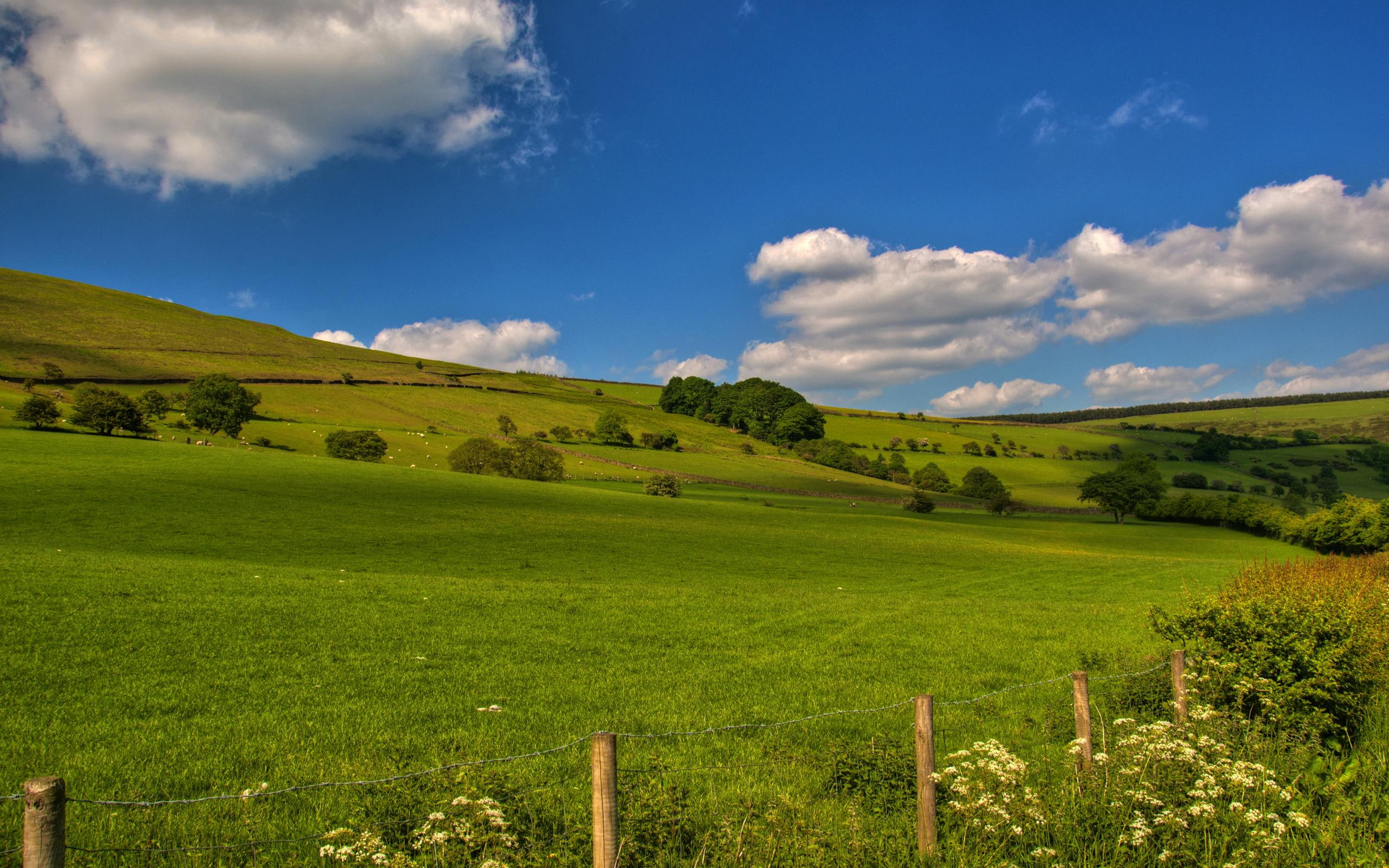 beautiful, 3d and abstract, 2K, fields, hills, nature, fence, blue, engl, clouds, HD Wallpaper