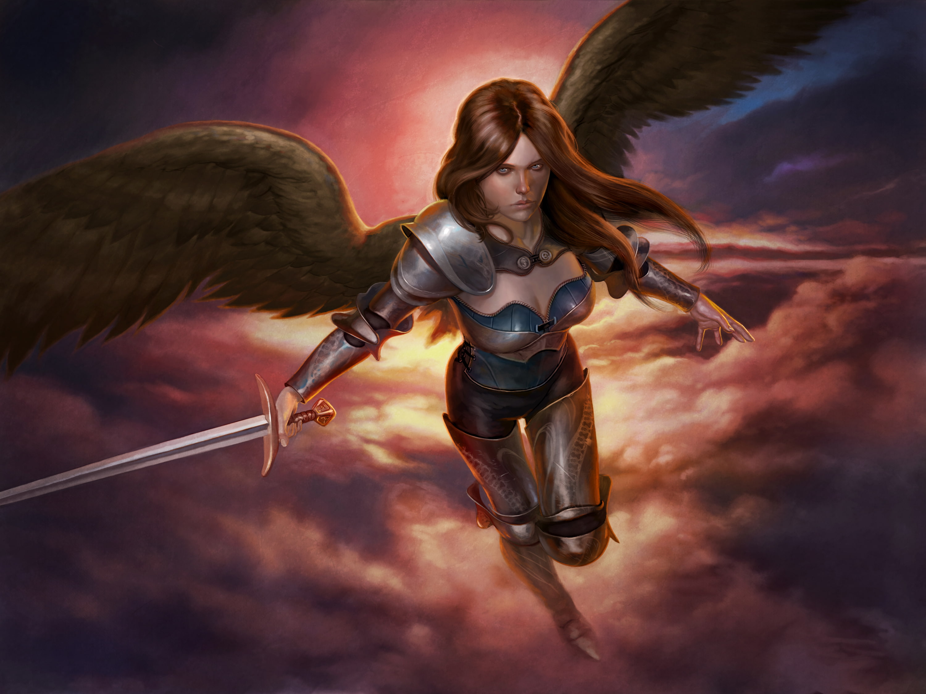 2K, hair, flying, woman, one person, flight, wings, angel, futuristic, sky, look, sword, weapons, fantasy, technology, protection, hairstyle, character, HD Wallpaper