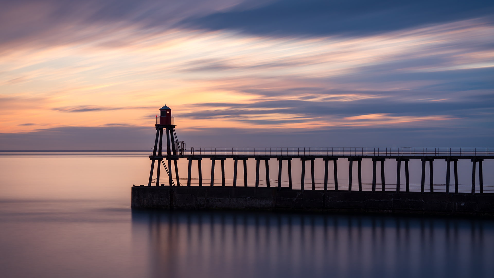 sunrise, sea, Whitby, sky, water, clouds, 1080P, pier, HD Wallpaper