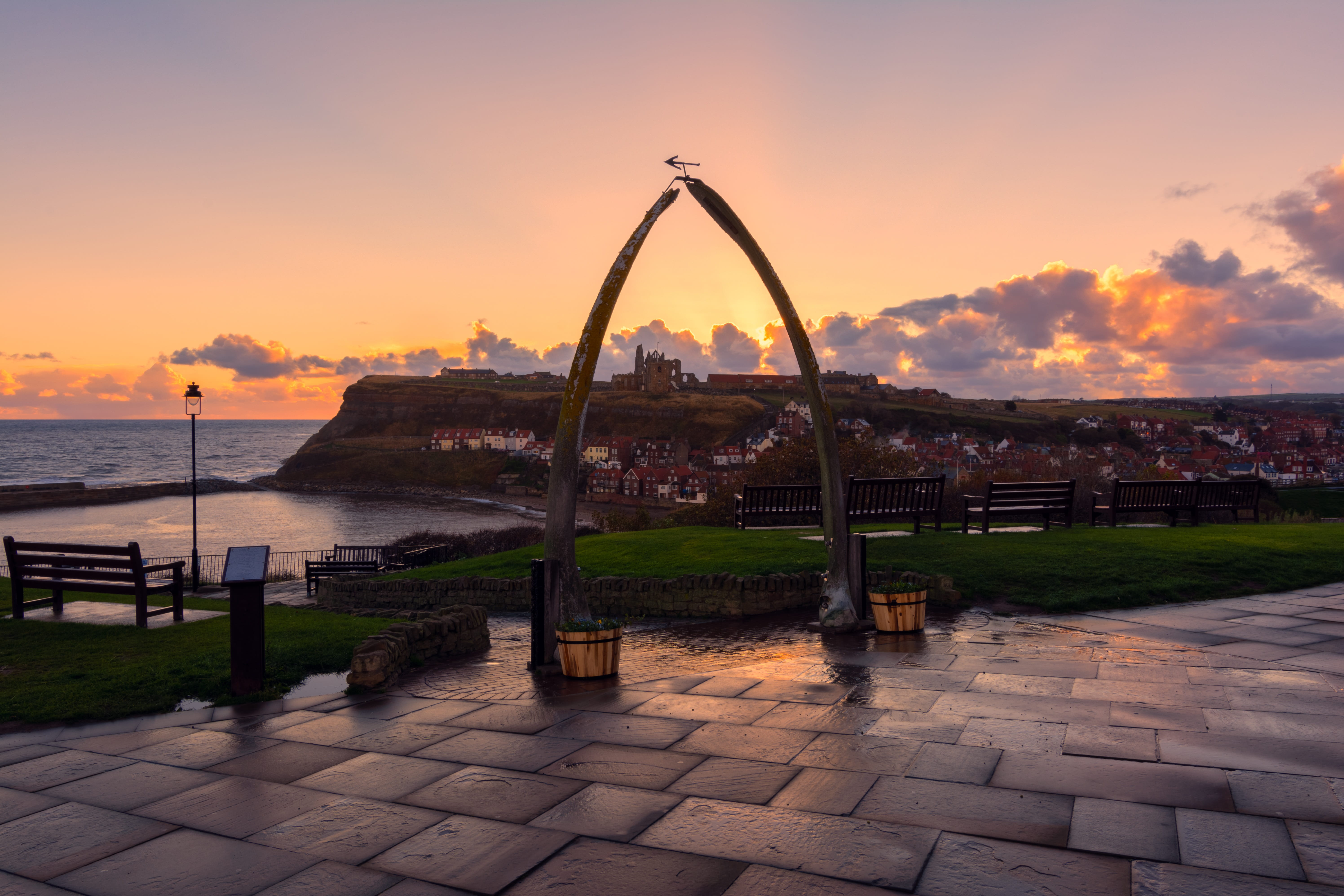 whitby abbey, park, sunset, history, cliff, outdoors, amusement park ride, stone floor, whale bones, travel destinations, amusement park, reflected, dramatic, HD Wallpaper