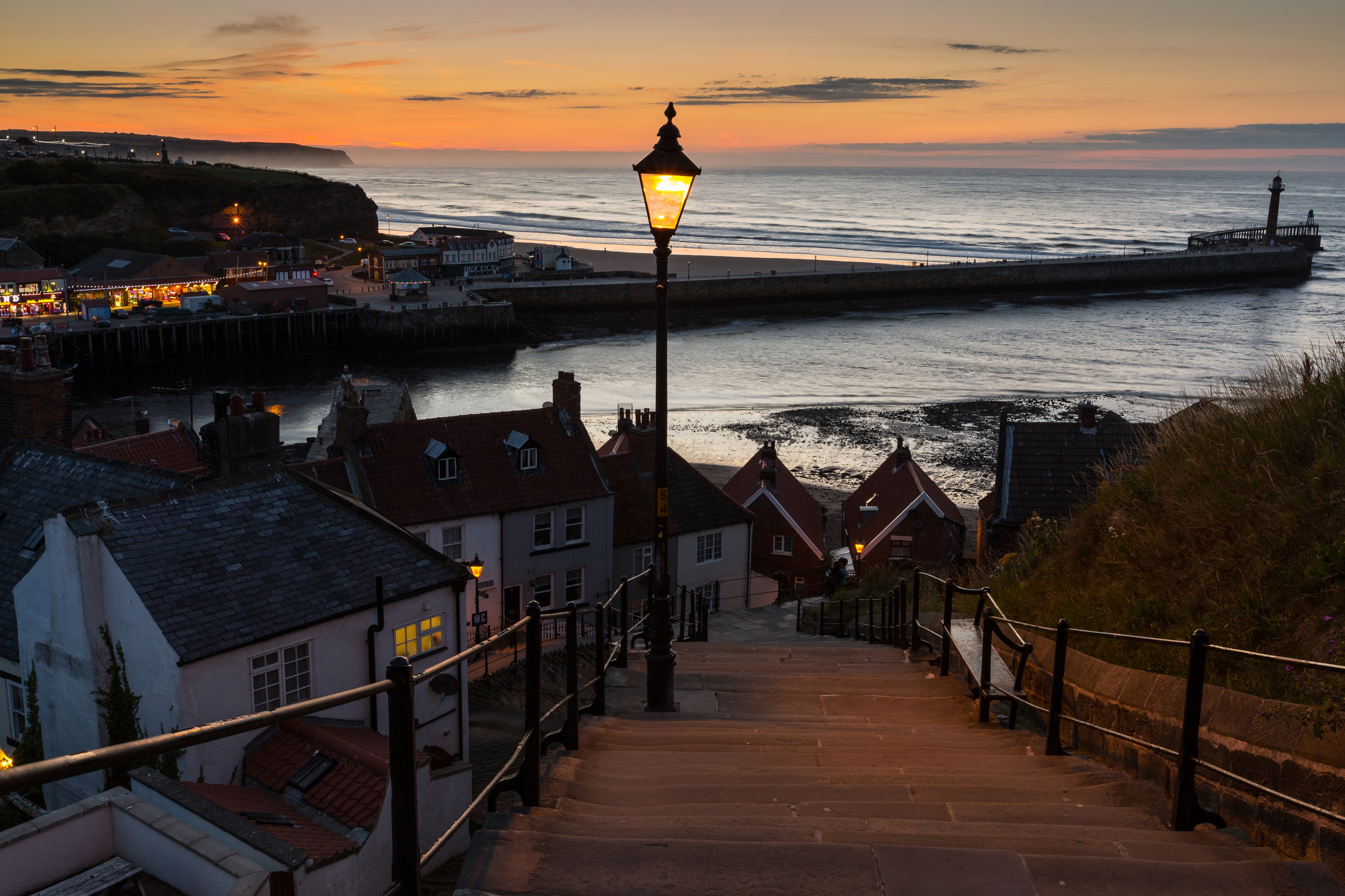 home, coast, Whitby, pierce, the sky, lights, the evening, sunset, 4K, horizon, landscape, sea, England, lighthouse, HD Wallpaper