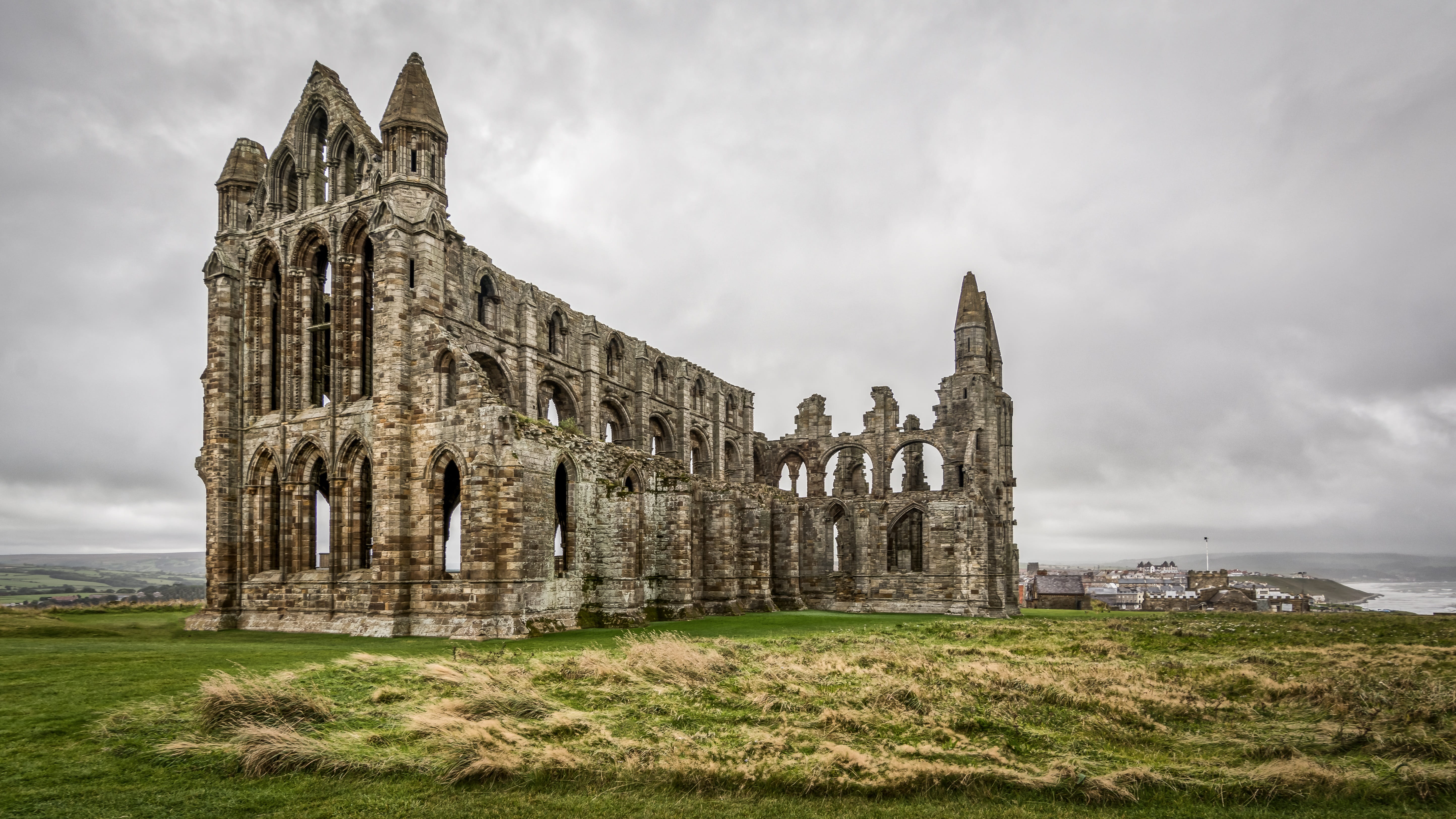 building exterior, ancient, landscape, abbey, gothic, history, no people, the past, damaged, ruin, 5K, bram stoker, old ruin, building, yorkshire, architecture, HD Wallpaper