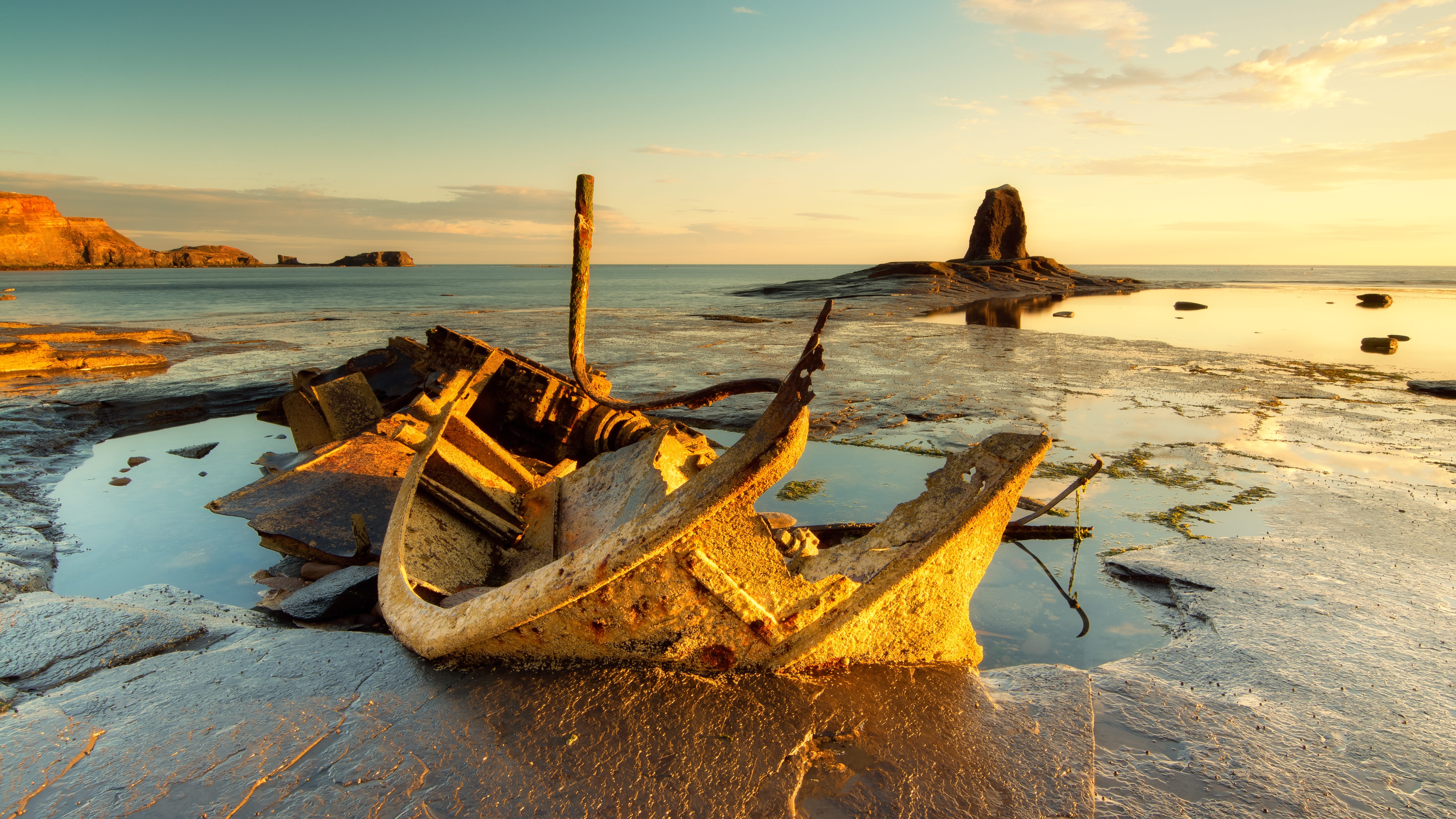 saltwick nab, fishing, nautical vessel, dawn, nature, light, sea stack, low tide, golden hour, sunset, rusting, sky, beauty in nature, abandoned, mode of transportation, HD Wallpaper