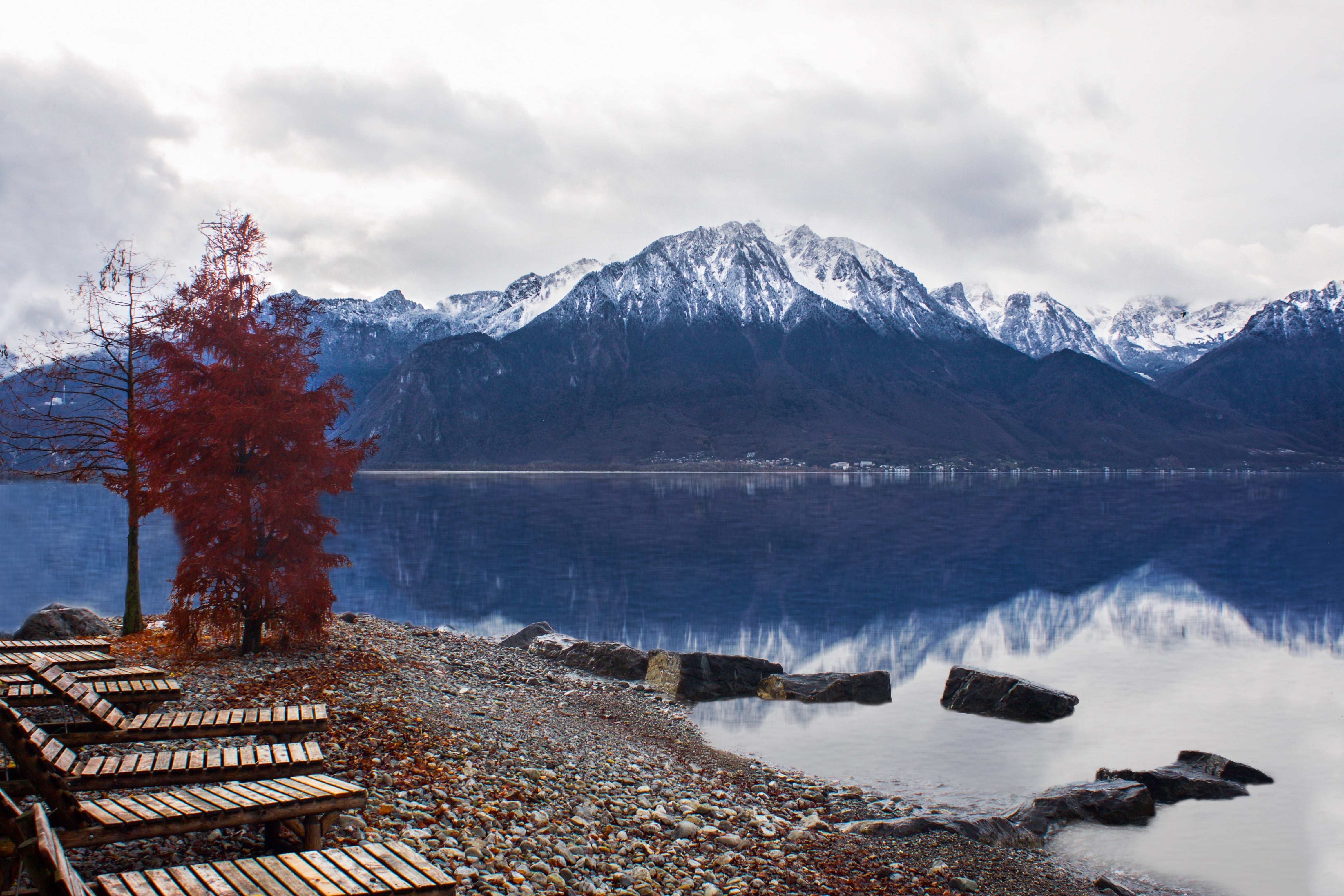 WOW, landscape, winter, seashore, mountain Range, mountain, photo, water, lake, 4K, nature, Lake Geneva, scenics, sky, outdoors, HD Wallpaper