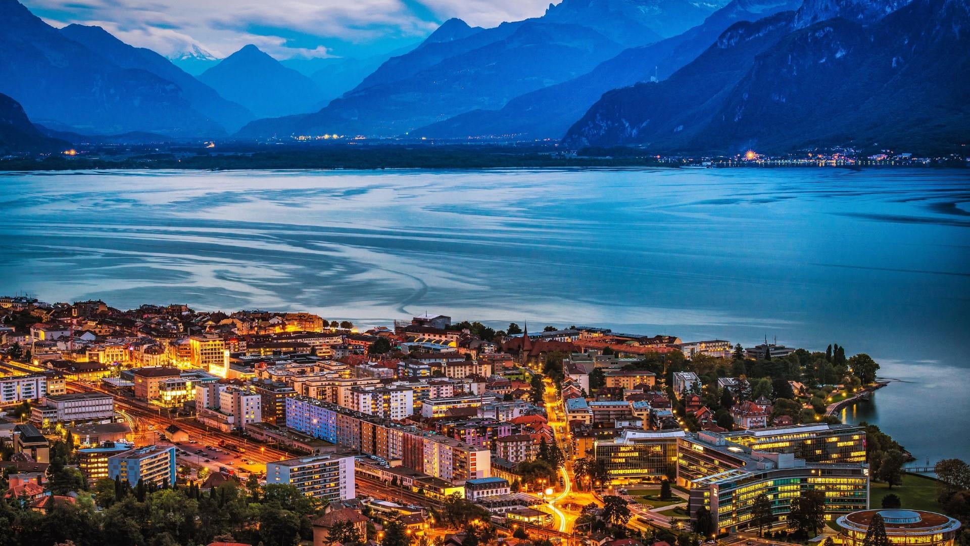 beauty in nature, town, travel destinations, cityscape, city, alps, outdoors, vevey, mountain, built structure, building, scenics - nature, swiss alps, HD Wallpaper