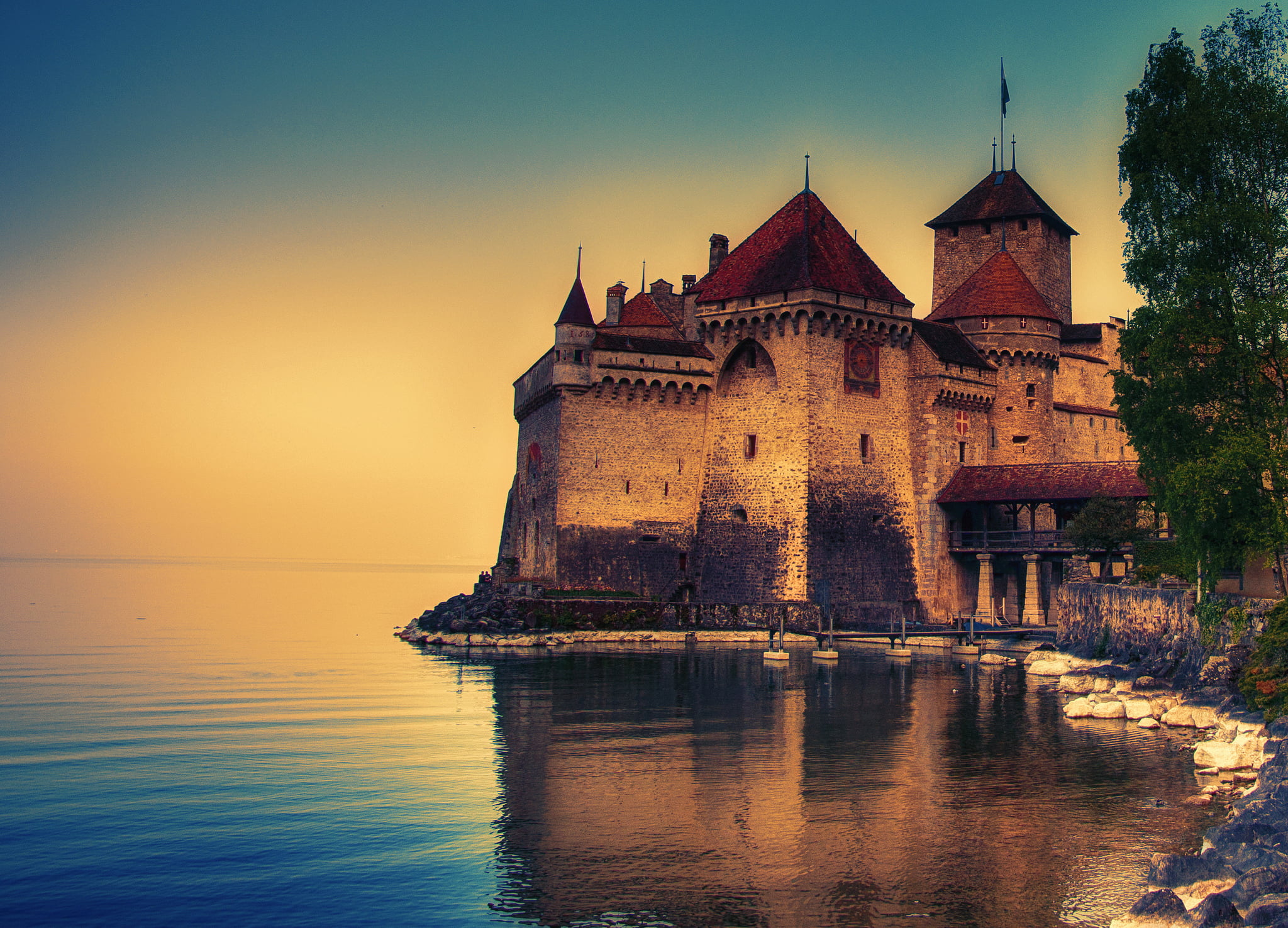 sky, ancient, urban Scene, history, coastline, cultures, switzerland, reflection, tower, famous Place, outdoors, lake geneva, blue, medieval, concrete, HD Wallpaper