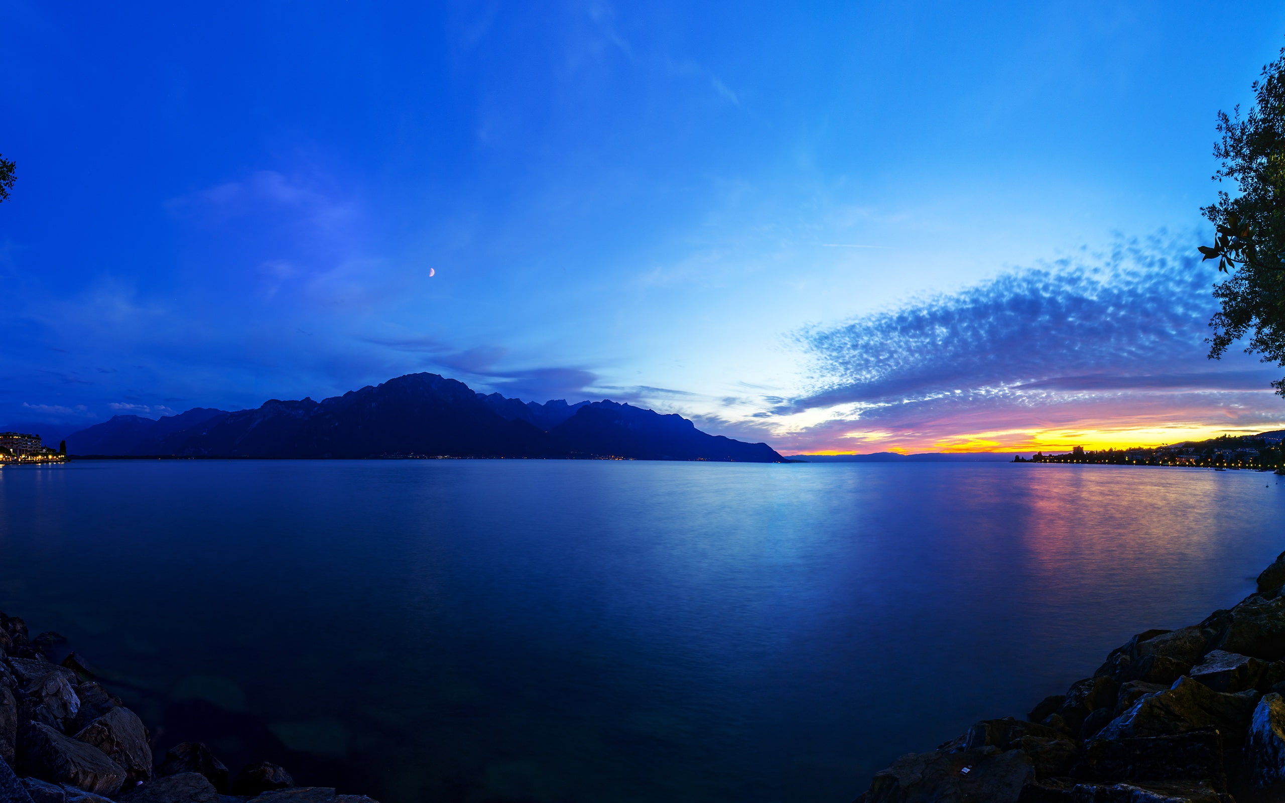 Geneva, Switzerland, Mountains, Lights, Lake, Blue, 2K, Evening, HD Wallpaper