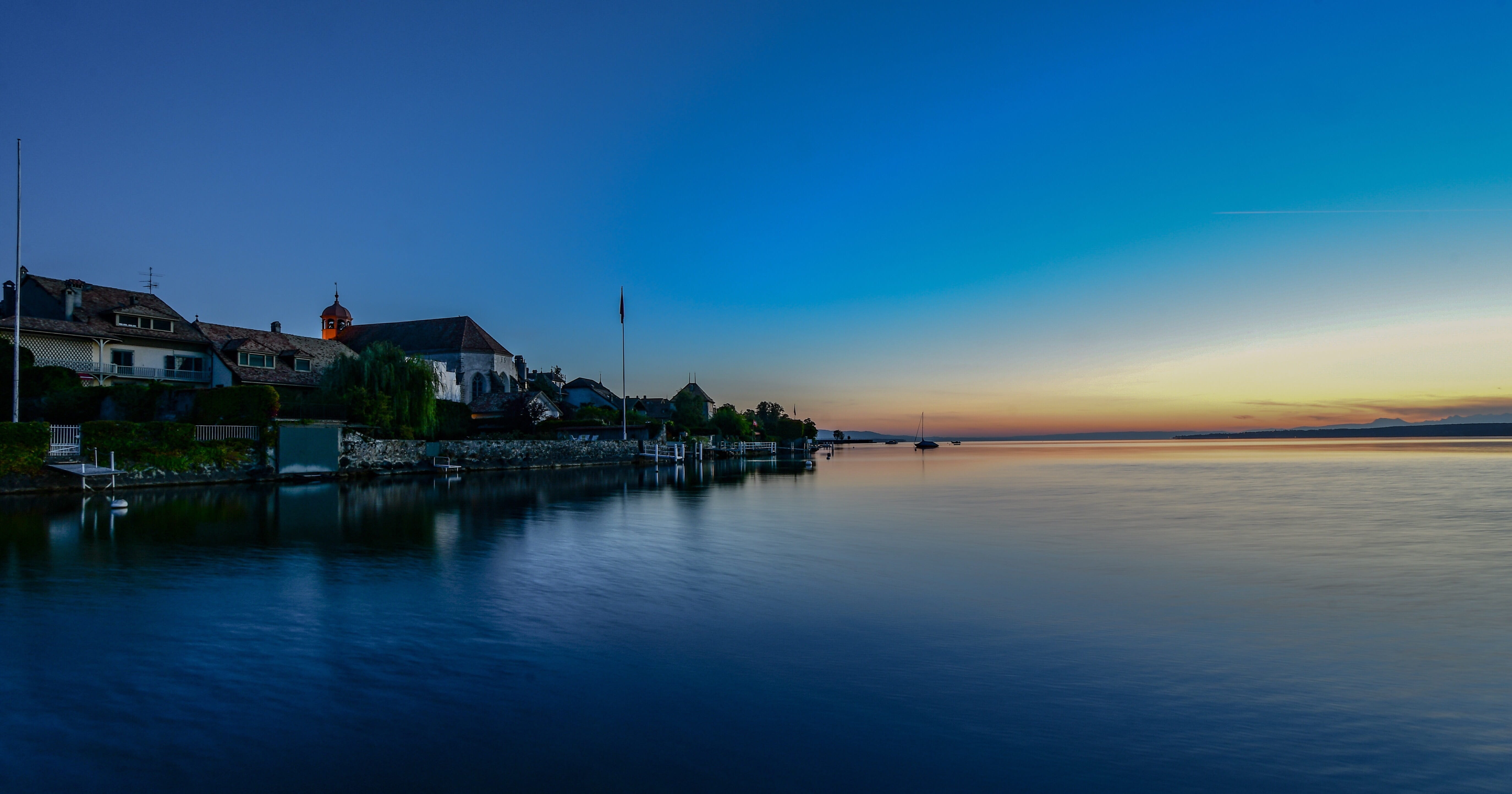 coppet, sky, building, architecture, landscape, reflection, no people, lake, water, tranquility, geneva, sea, beauty in nature, outdoors, sunset, calm, HD Wallpaper