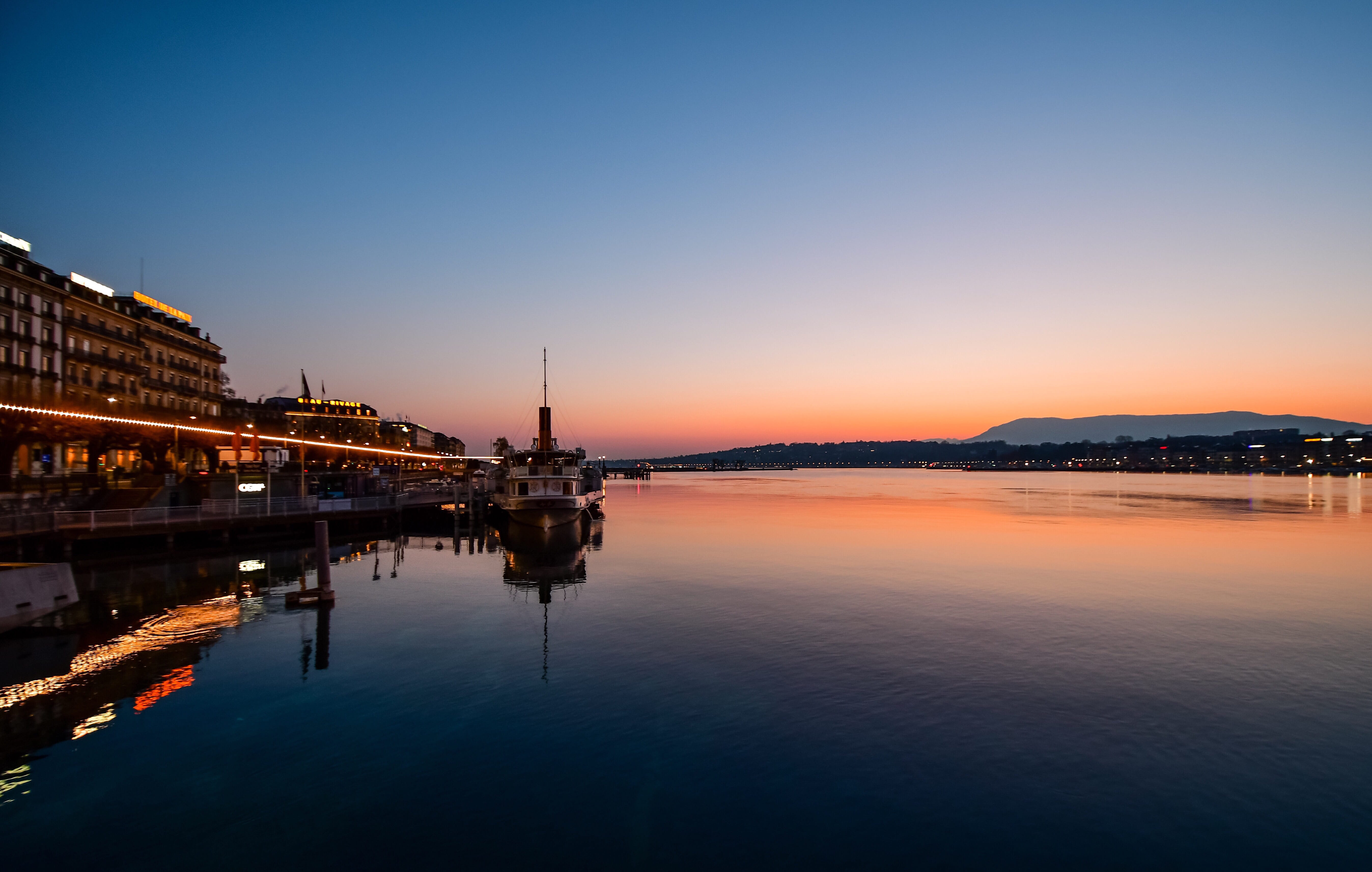 travel, sunset, water, nature, no people, color, shore, switzerland, built structure, beauty in nature, reflection, copy space, sunrise, sky, illuminated, HD Wallpaper