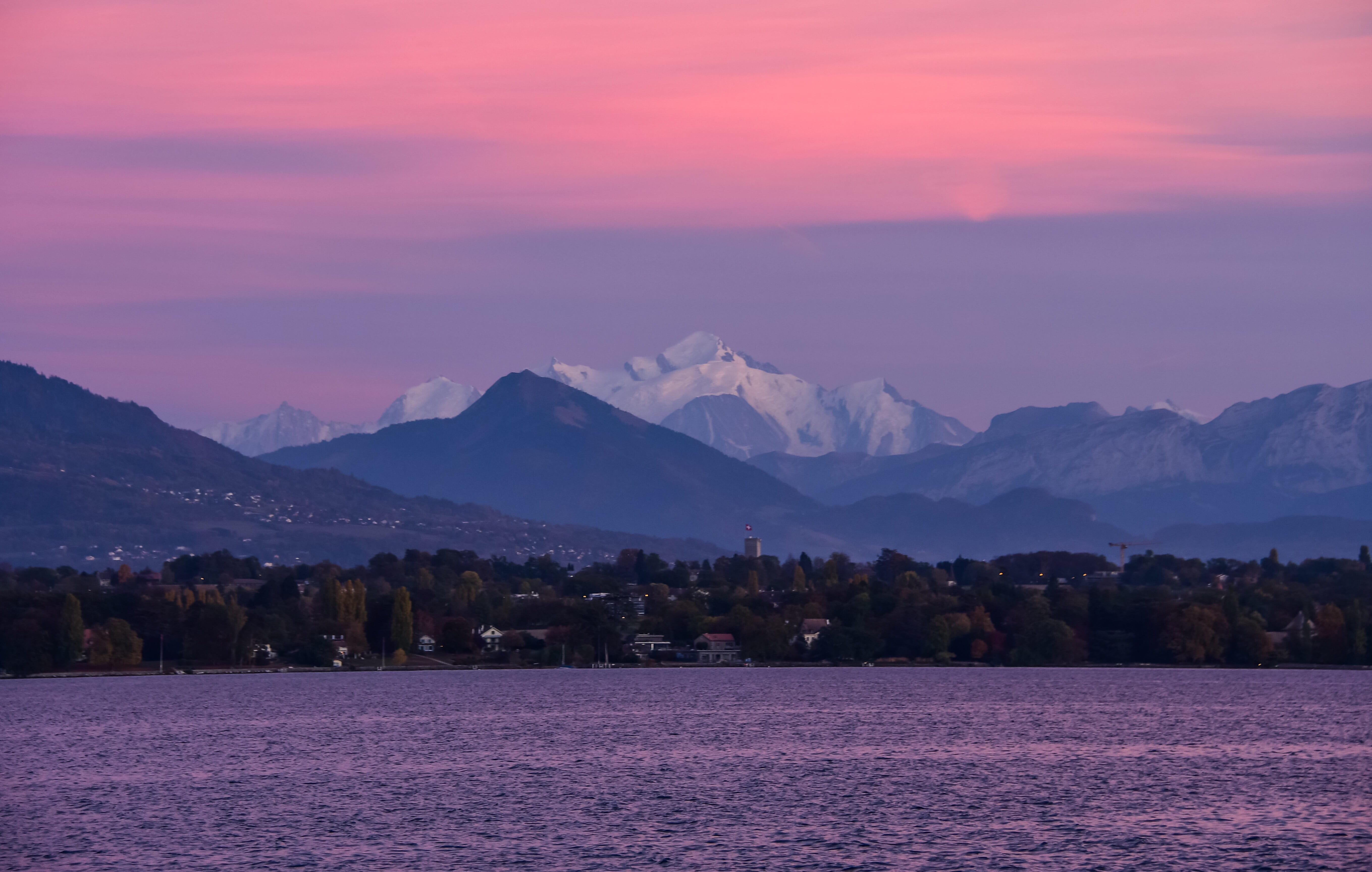 twilight, non-urban scene, beauty in nature, summit, landscape, nature, tranquility, waterfront, scenics - nature, lake geneva, mont blanc, water, sunset, HD Wallpaper