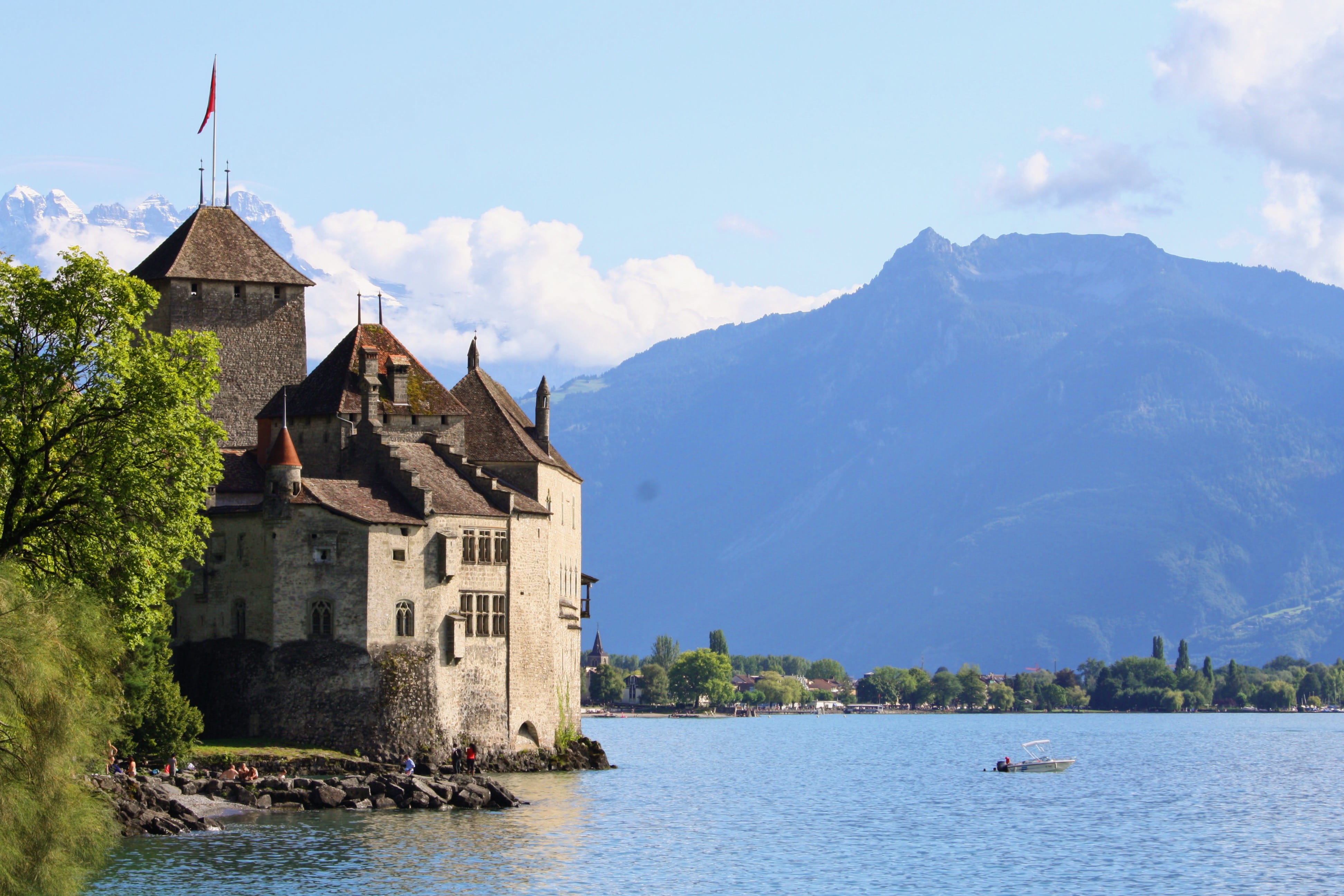 4K, snow, chillon, sky, nature, chateux, waterfront, montreux, transportation, building, building exterior, architecture, built structure, plant, lake, HD Wallpaper