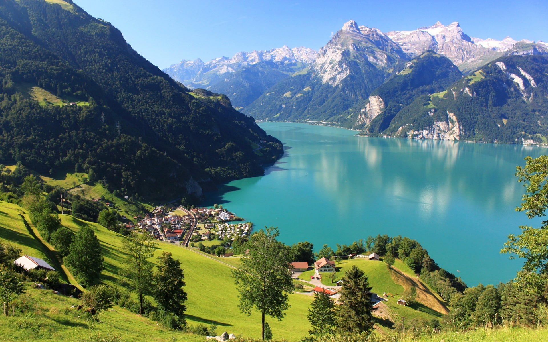 Snow, water, body, House, Rocks, blue, Landscape, Switzerland, Mountains, Lake, Morschach, Forest, 1080P, HD Wallpaper