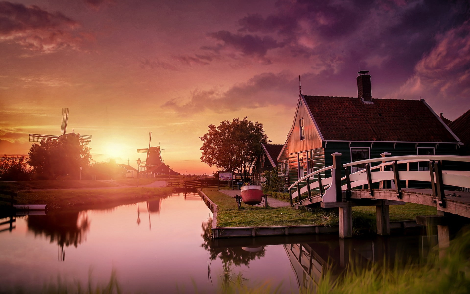 panoramic, bridge, landscape, nature, sunset, clouds, netherlands, 1080P, house, windmills, photography, canal, water, HD Wallpaper