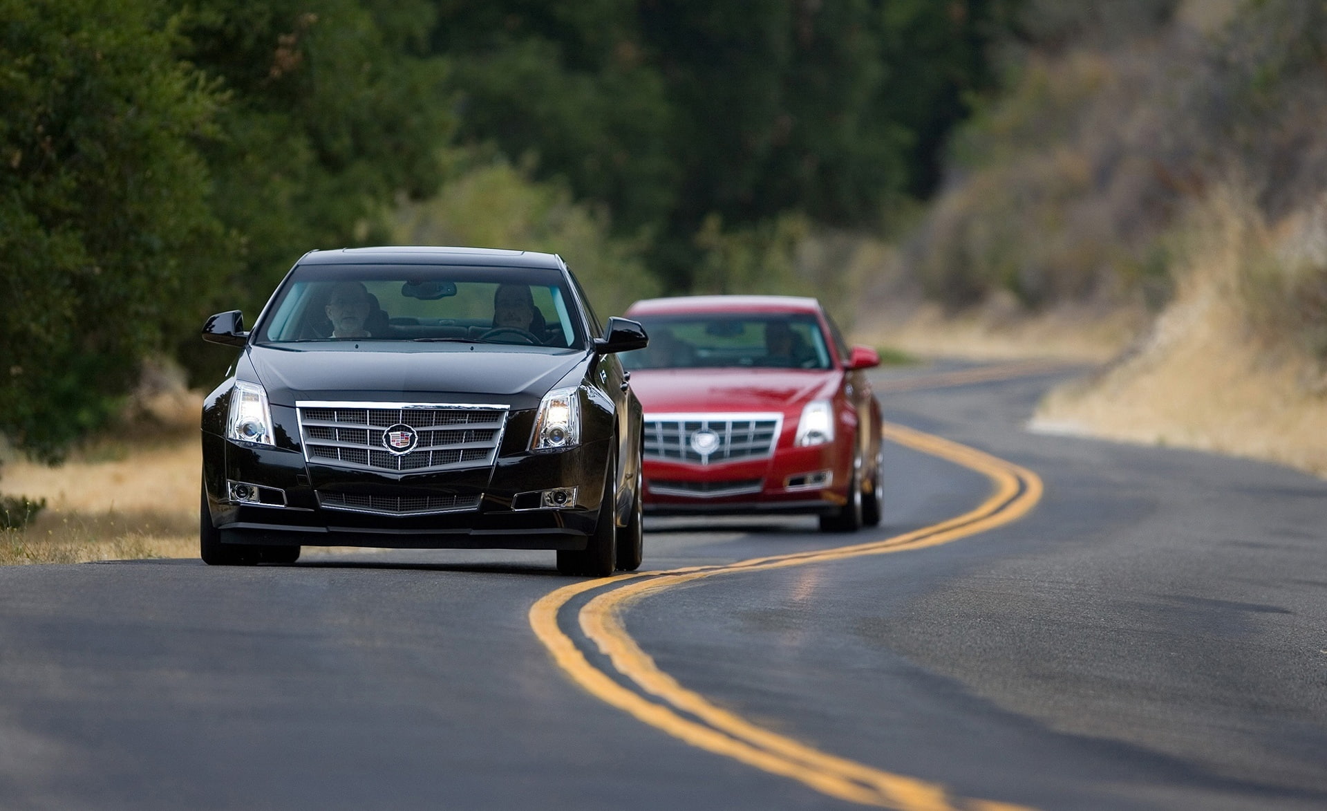 black, motor vehicle, Cars, dividing line, cts, outdoors, tree, symbol, mode of transportation, street, plant, motion, Cadillac, speed, travel, 1080P, HD Wallpaper