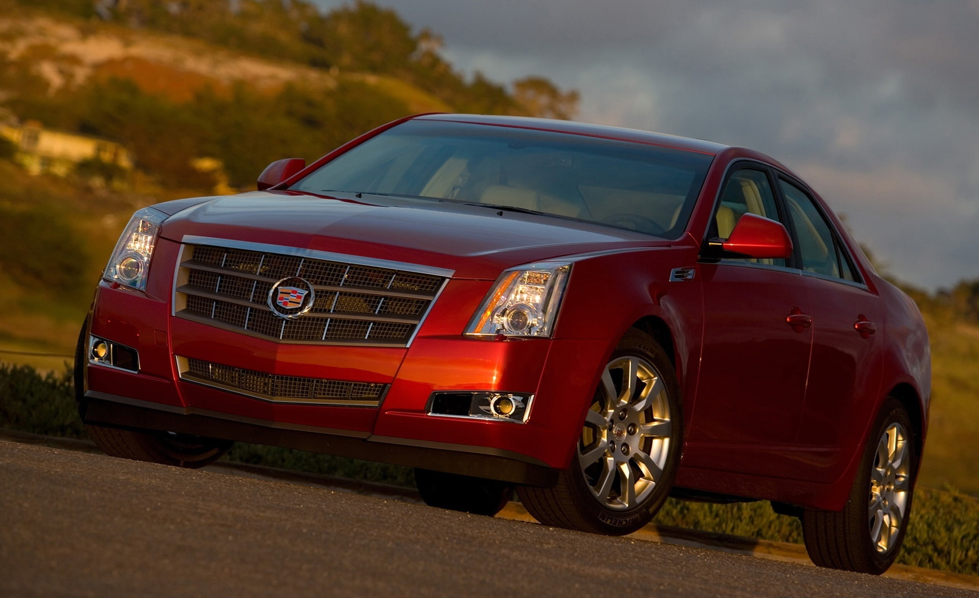 red, Cadillac, sky, vintage car, 1080P, nature, motor vehicle, road, headlight, metal, cts, outdoors, land vehicle, day, journey, car, transportation, HD Wallpaper