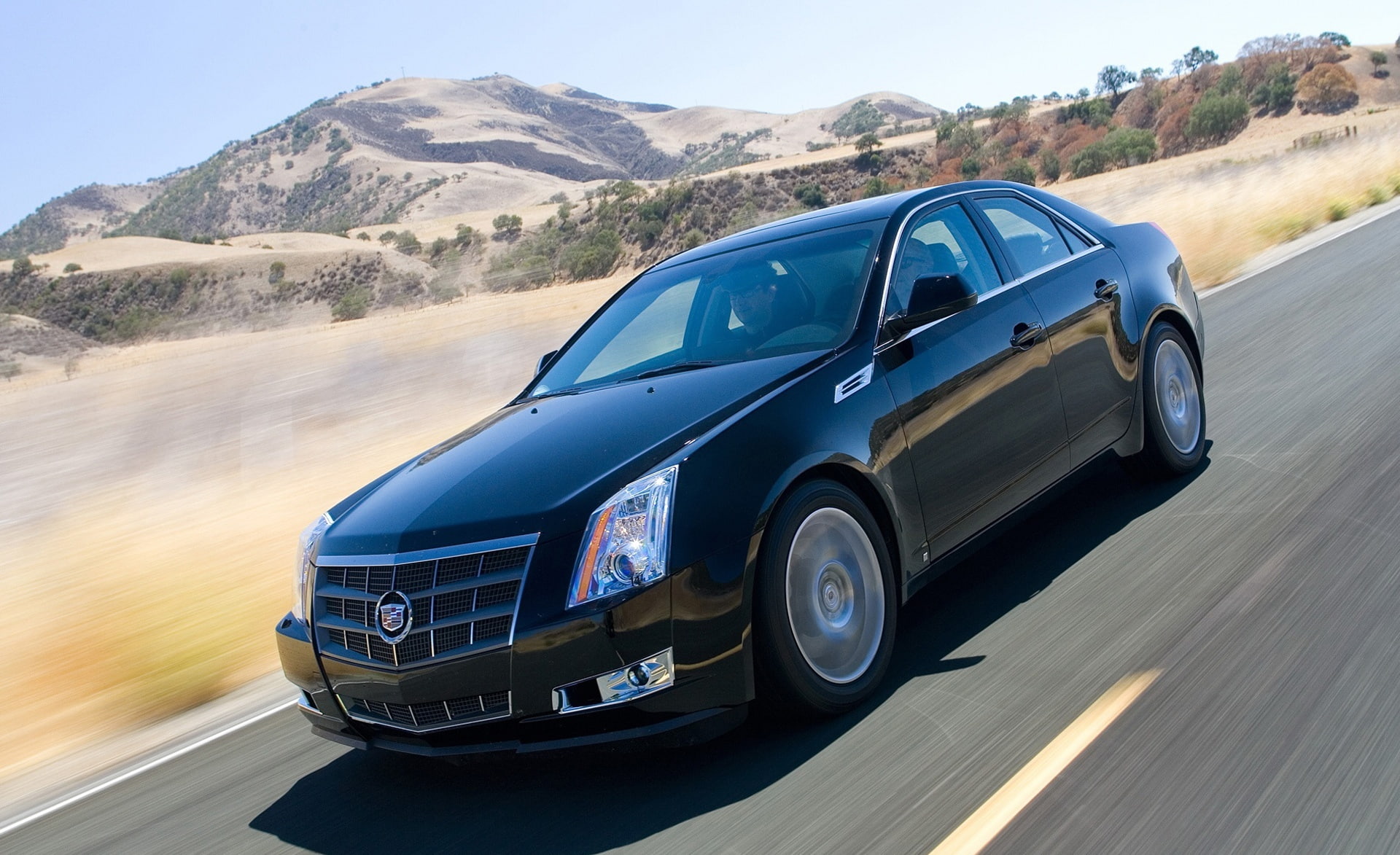 Cadillac, symbol, transportation, wheel, no people, road trip, on the move, travel, car, Cars, road marking, blue, moving, 2008, 1080P, day, cts, motion, HD Wallpaper
